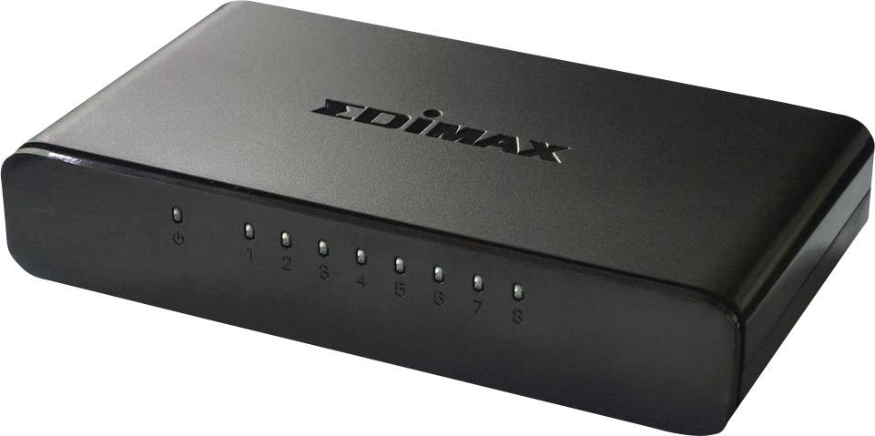 Black network switch with 'EDIMAX' printed on the top. Eight numbered LED indicators on the front panel.