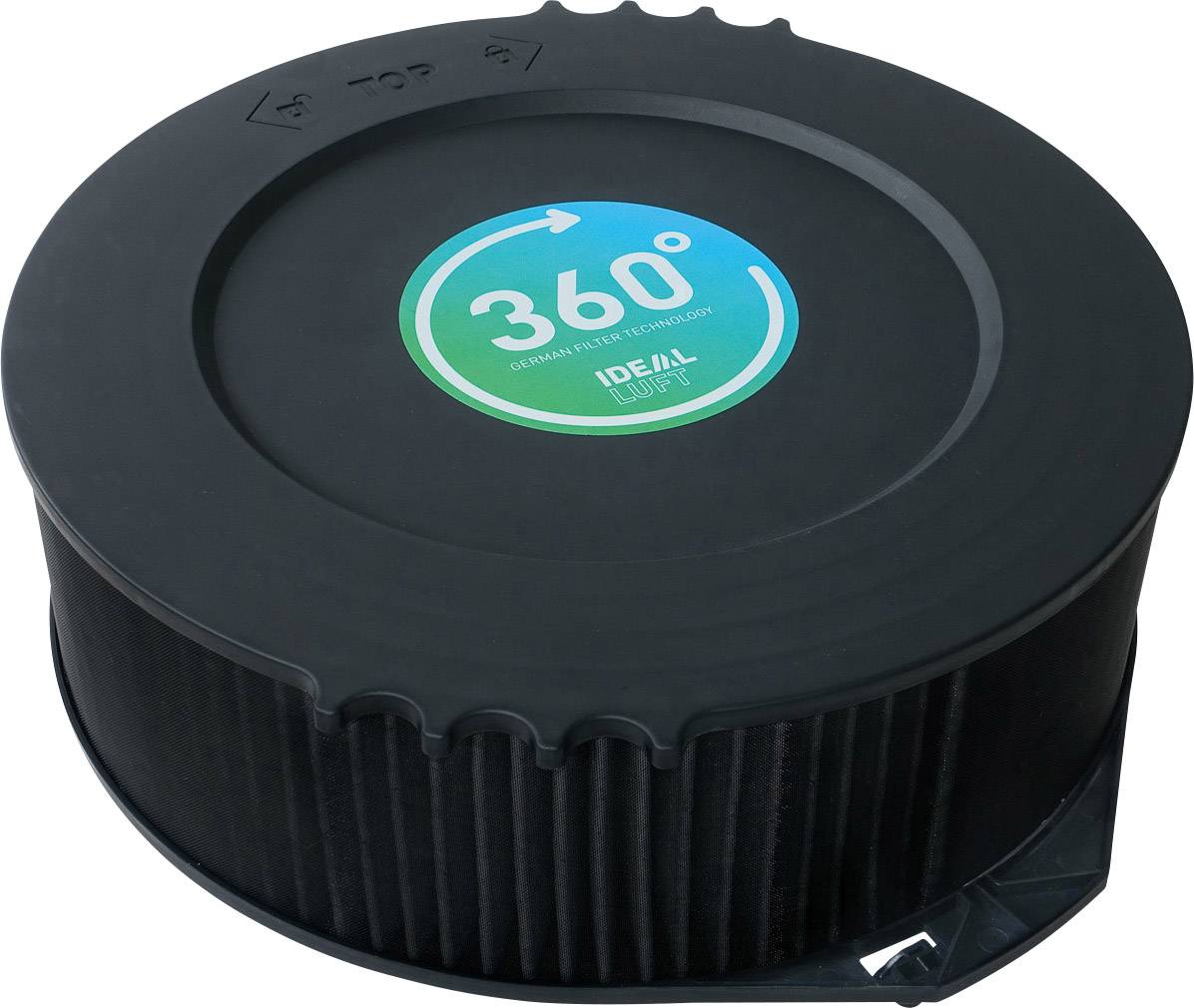 Black round filter with blue-green '360°' sticker. Serves as a filter element in technical devices for air purification.