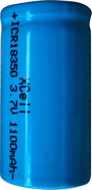 A blue cylindrical battery with the inscription 'xCell 1 CR18350 3.7V 1100mAh', most likely a rechargeable battery.
