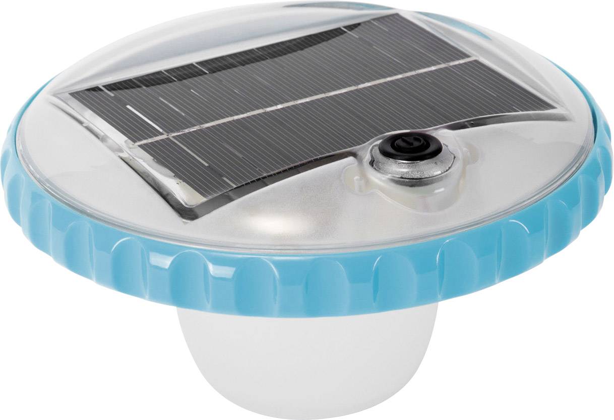 Round, transparent solar light with blue rim and built-in solar panel.
