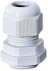 A white cable gland with a ribbed top section and hexagonal nut, used for sealing and securing cables in enclosures.