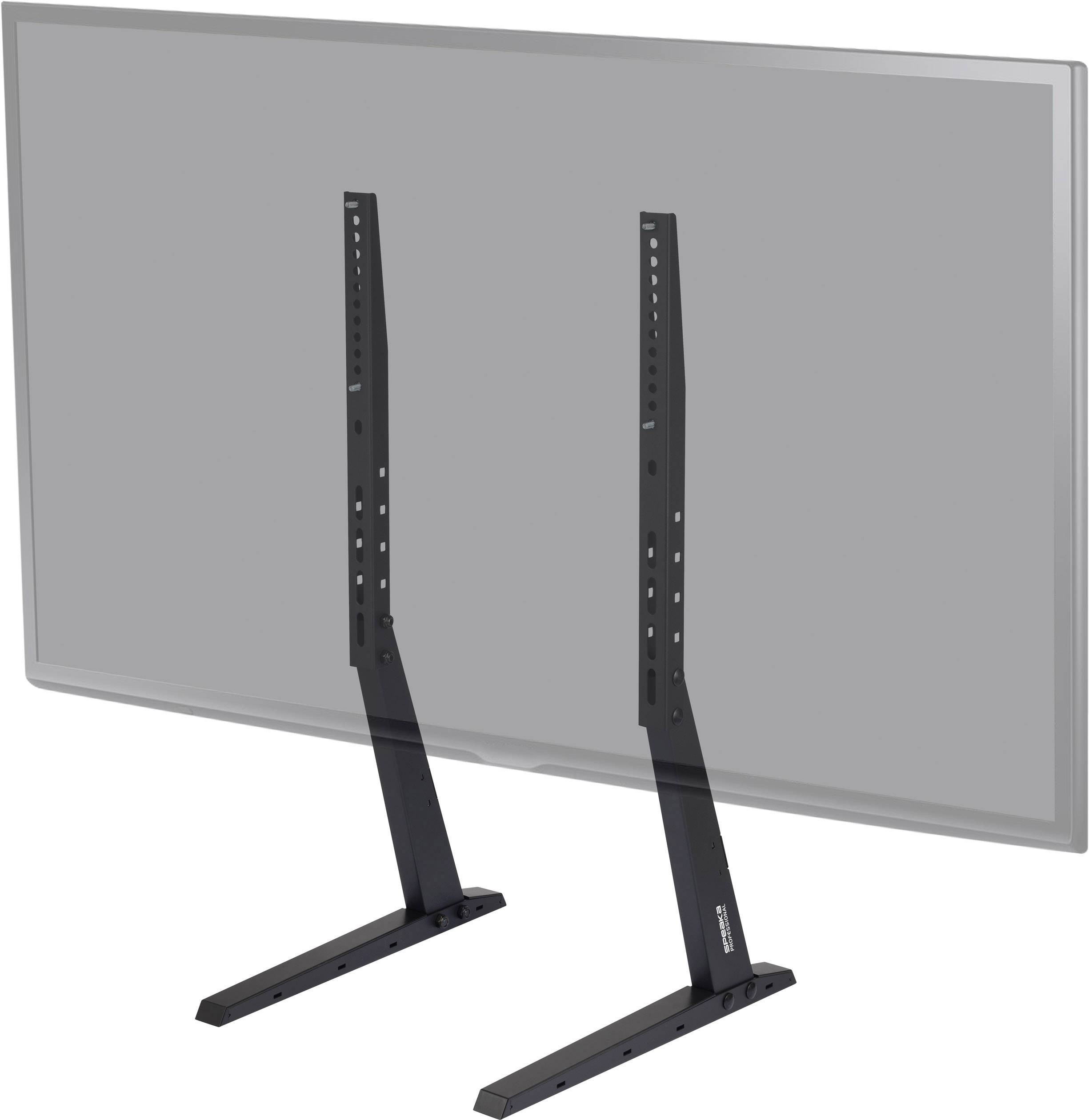 A freestanding metal TV stand with V-shaped feet made of black steel. The stand has holes for height adjustment.