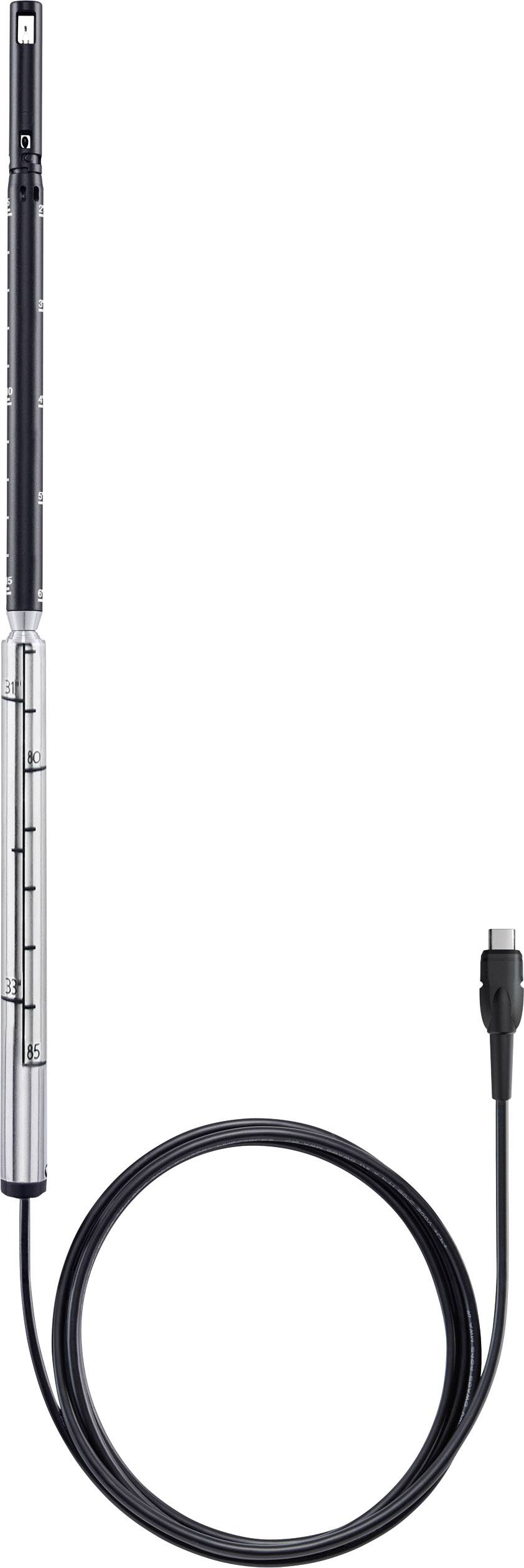 A long, silver-coloured sensor probe with cable. Potentially a technical device for measurement or data transmission.