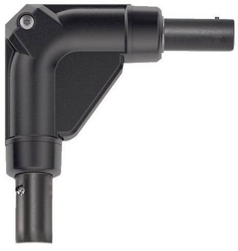 Black 90-degree angle adapter for power tools with two cylindrical connecting pieces pointing in different directions.
