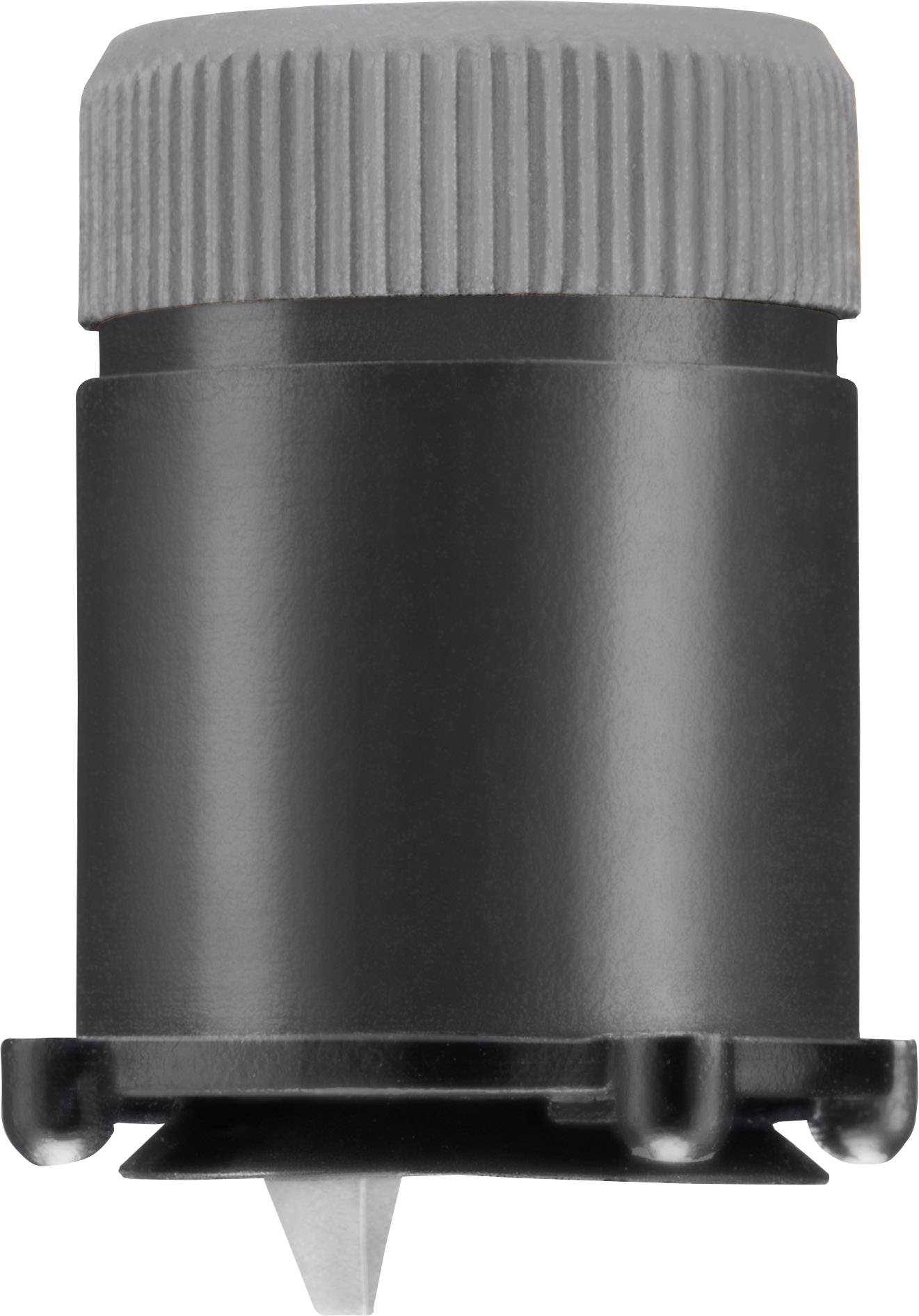 Black cylindrical pen with grey ridged cap and sharp tip, suitable for precise applications.