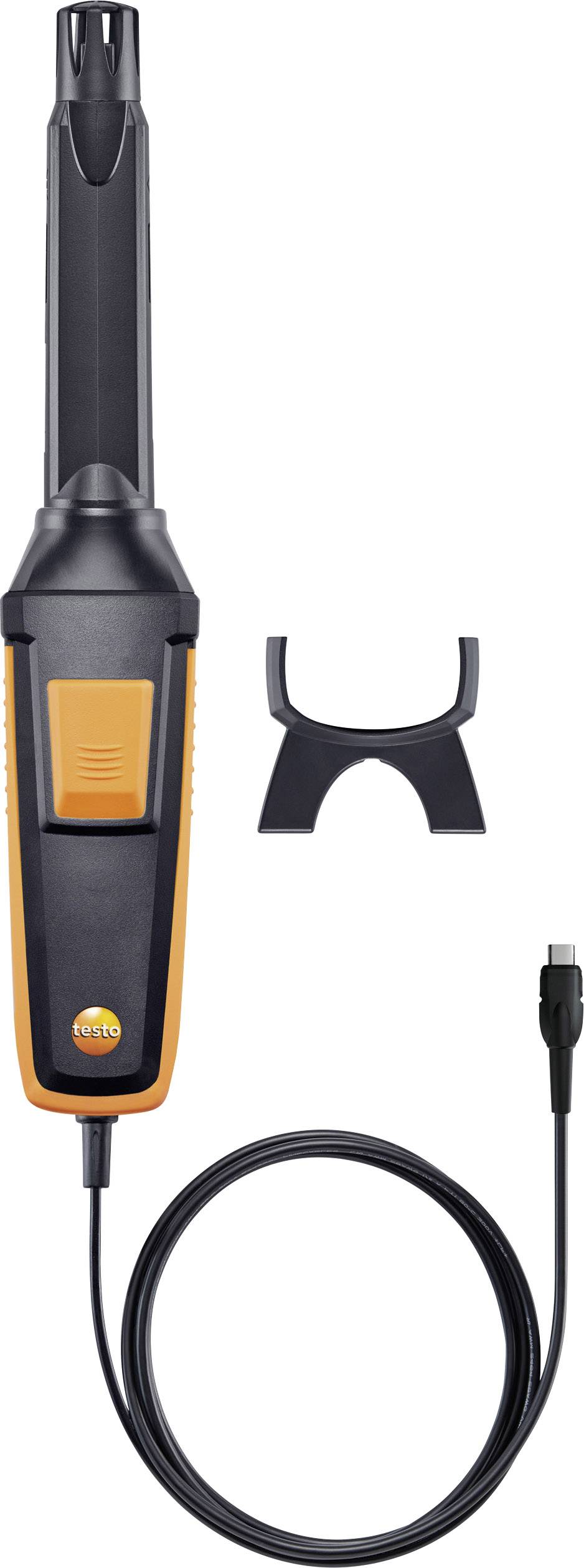 A black, handheld measuring device with orange accents and cable, likely used for recording environmental parameters.