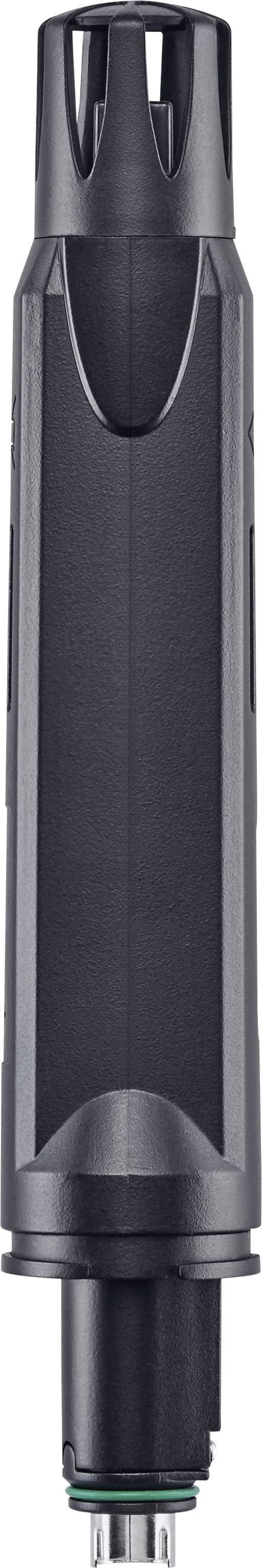 Black microphone with a sleek, cylindrical design, suitable for wireless audio recordings in professional environments.