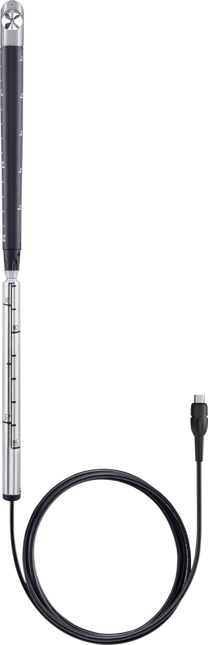 Temperature sensor with a long probe and USB cable for connecting to devices, typically used for precise temperature measurements.