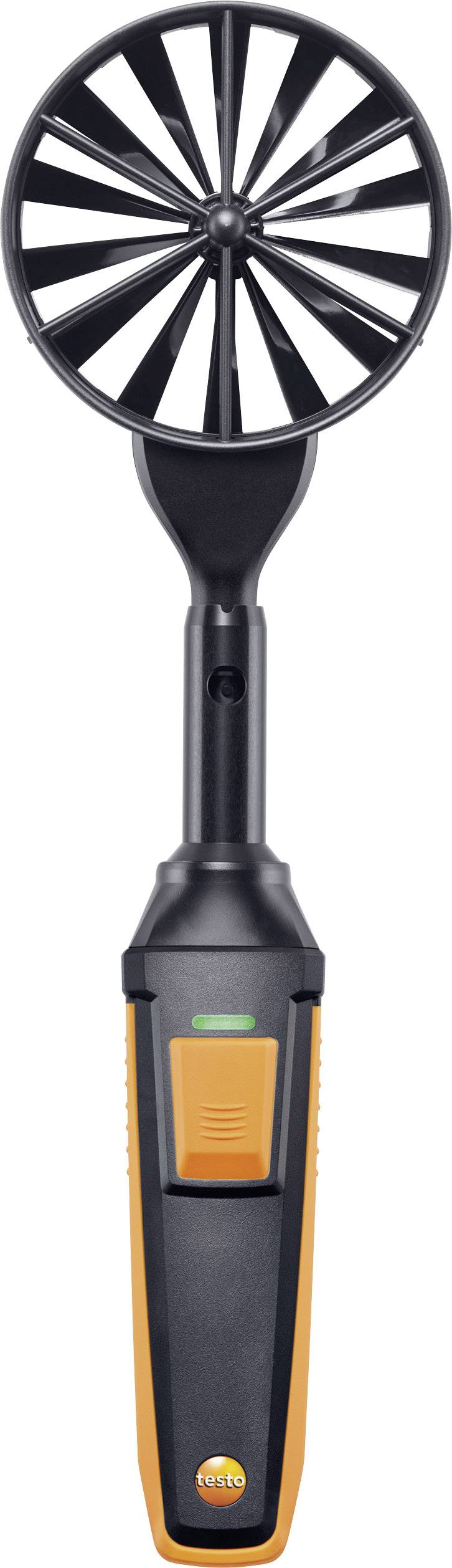 An anemometer with a large impeller wheel, black with orange accents, designed for precise measurements in ventilation engineering.