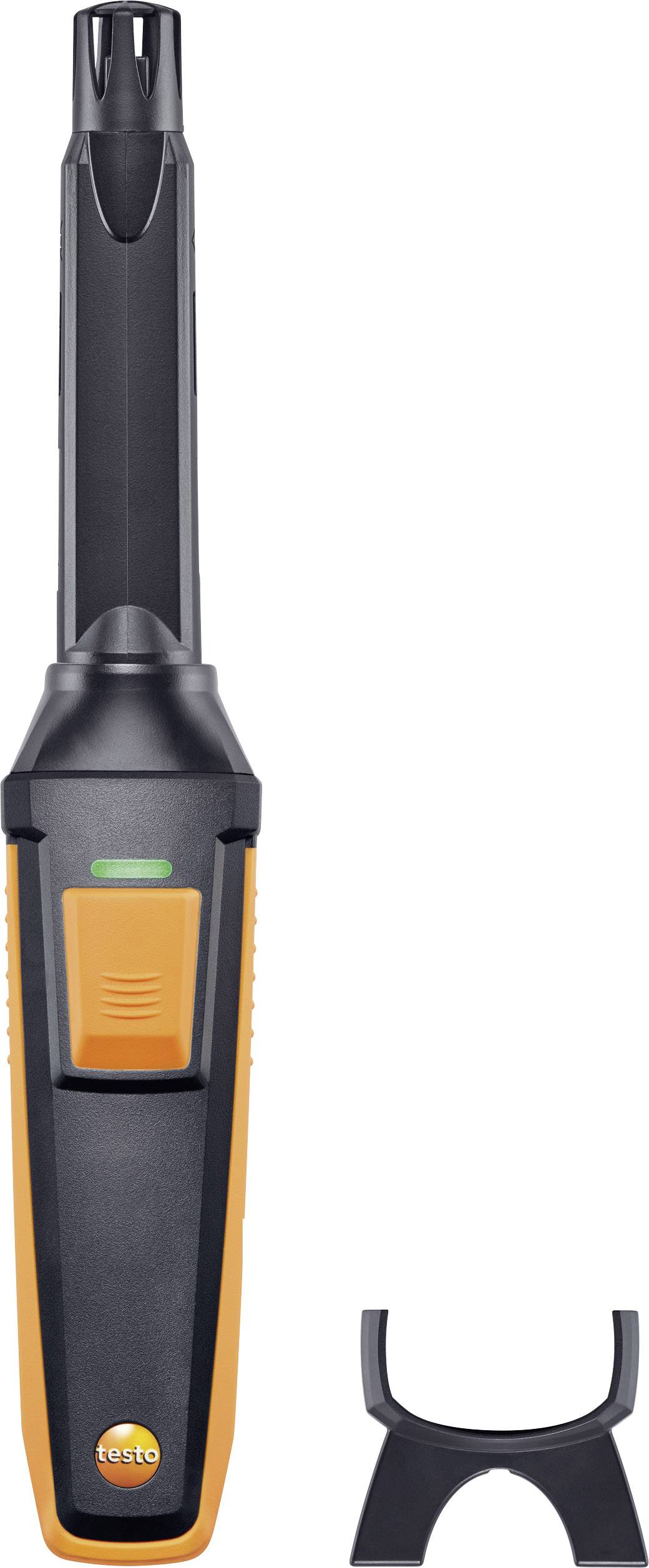 A sleek, handheld measuring device with black and orange design, potentially for measuring air values, with mounting accessories.