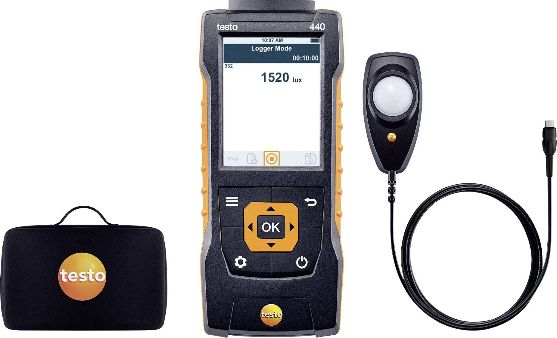 A digital measuring device with a display shows '1520 lux'. Next to it lies a sensor with a cable and a black bag with the 'testo' logo.
