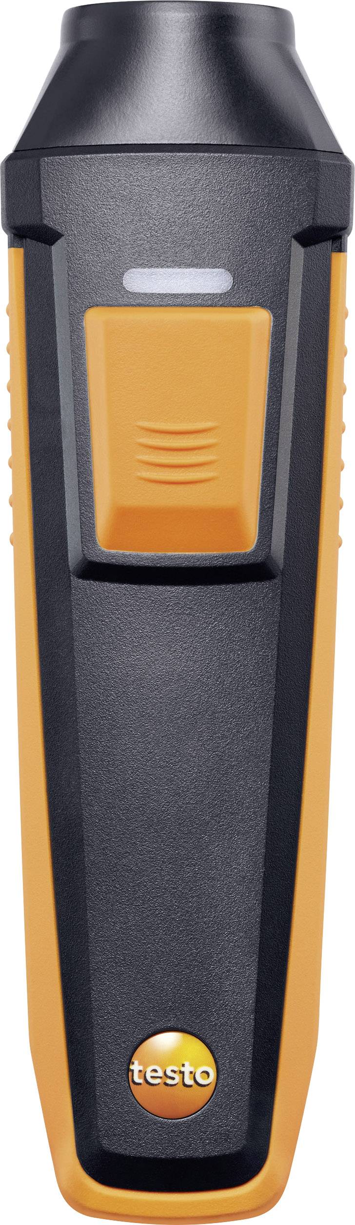 Handheld device with an orange and black casing and display screen, used for measuring environmental parameters.