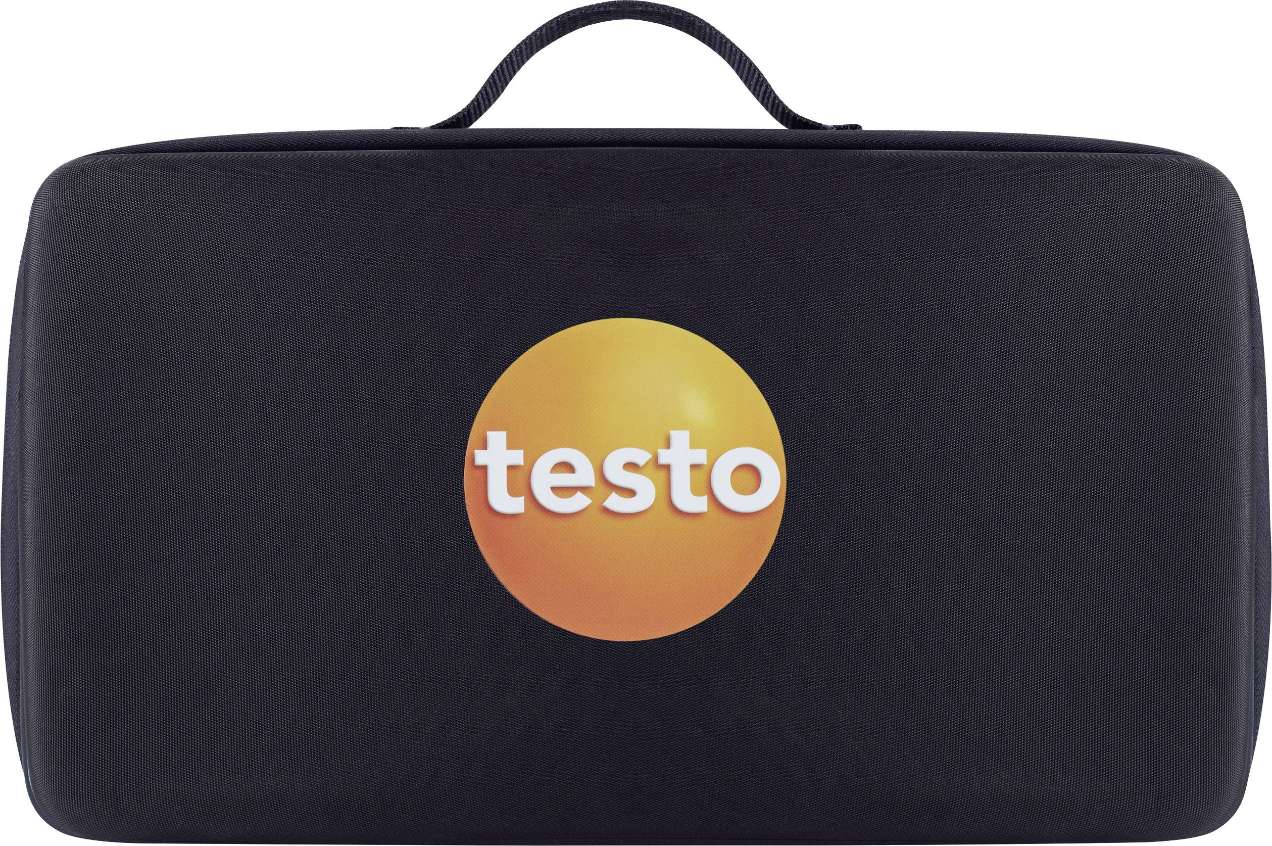 A black carrier bag with the orange 'testo' logo in the centre.