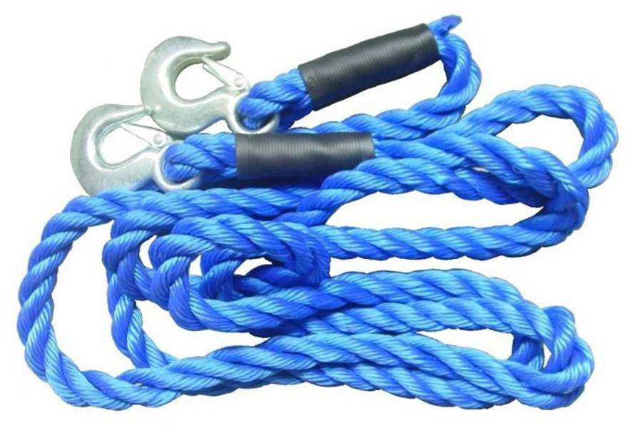 A blue towing rope with two metal hooks at the ends, suitable for towing vehicles.