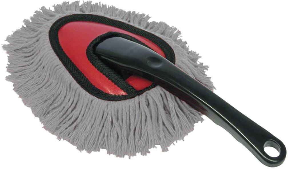 Feather duster with grey microfibre head and black handle on red background.