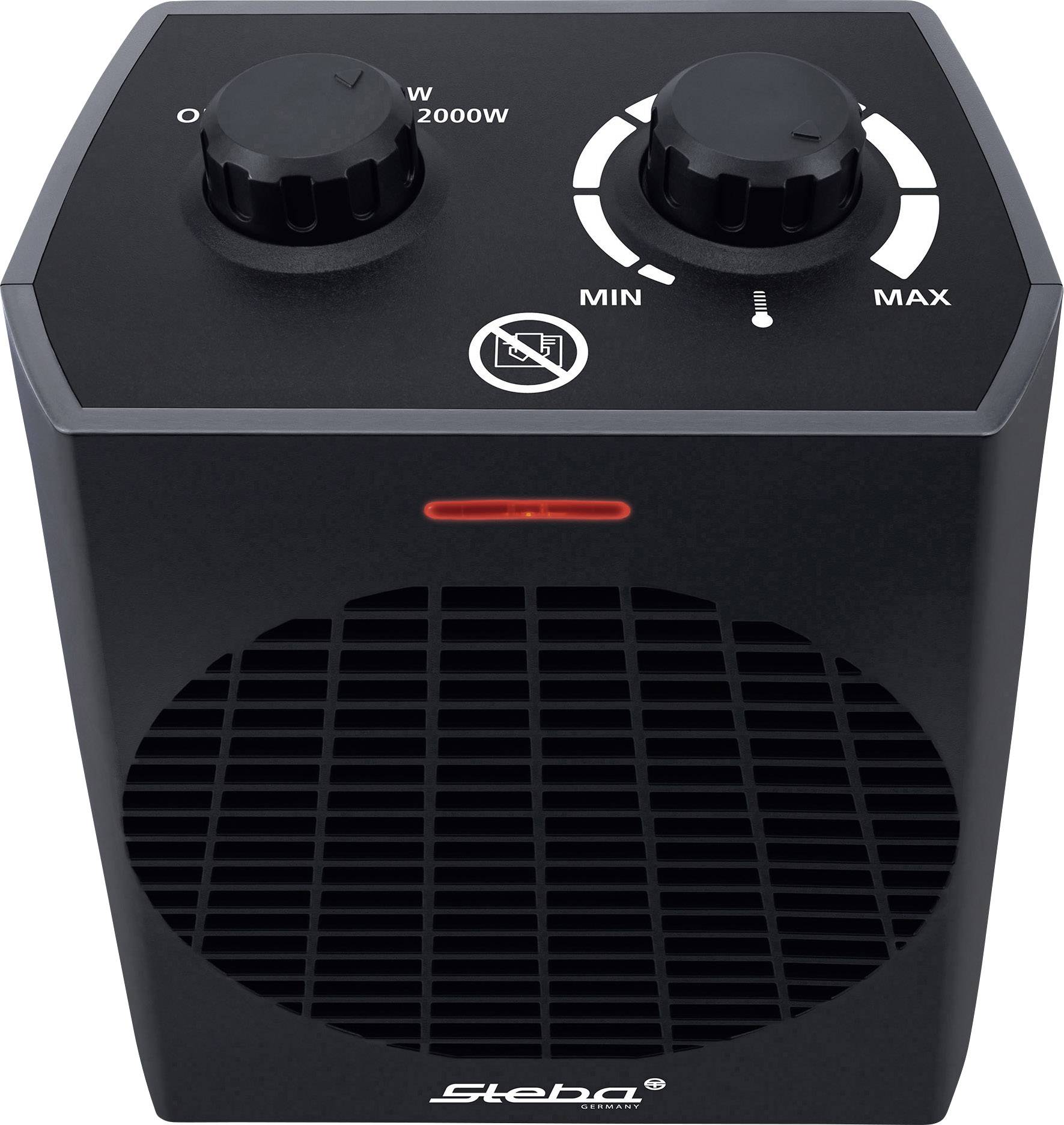 A black fan heater with two rotary knobs for temperature adjustment. A red light indicates the operational status.