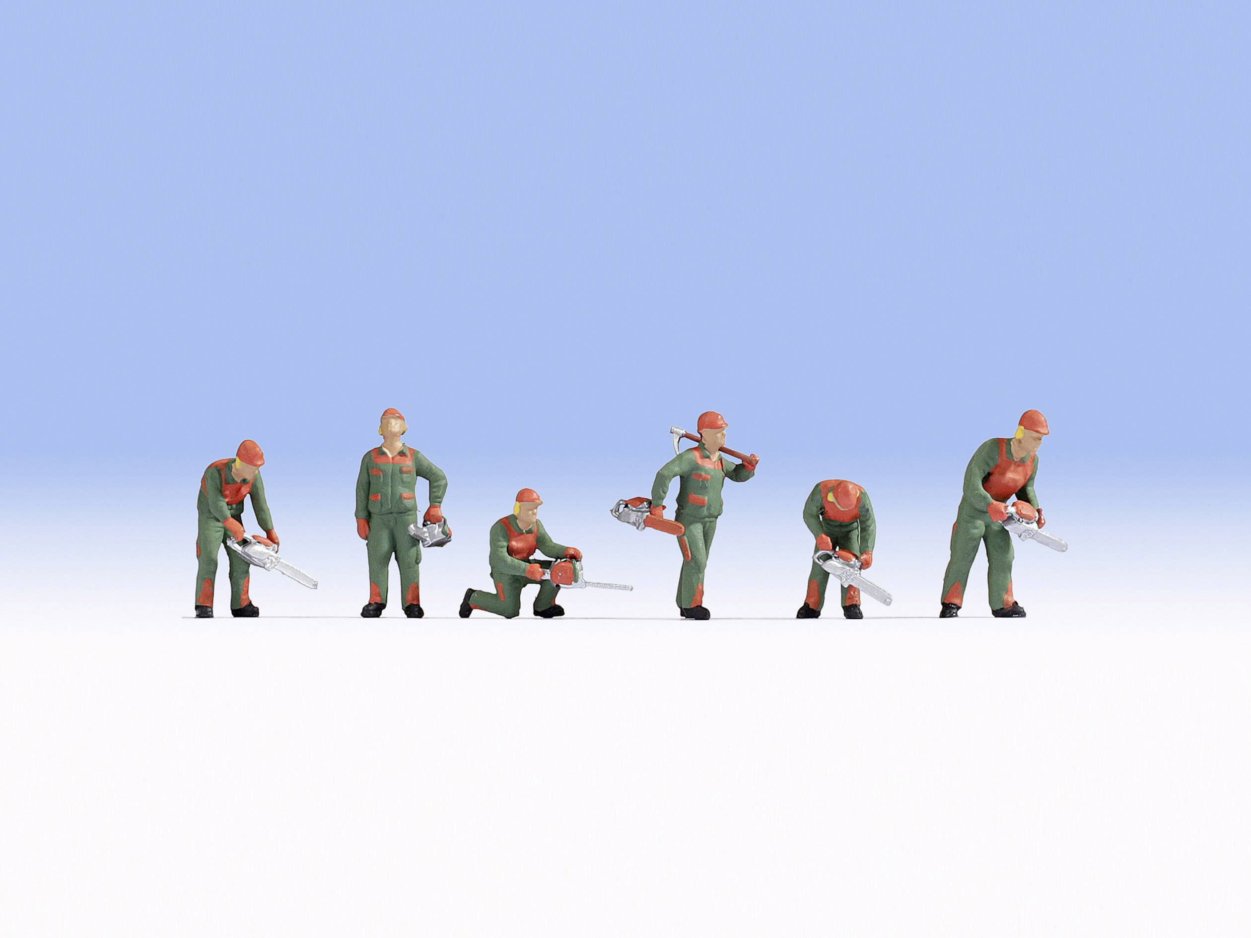 Six miniature figures in workwear with chainsaws, posing against a blue background. They are simulating various types of work.