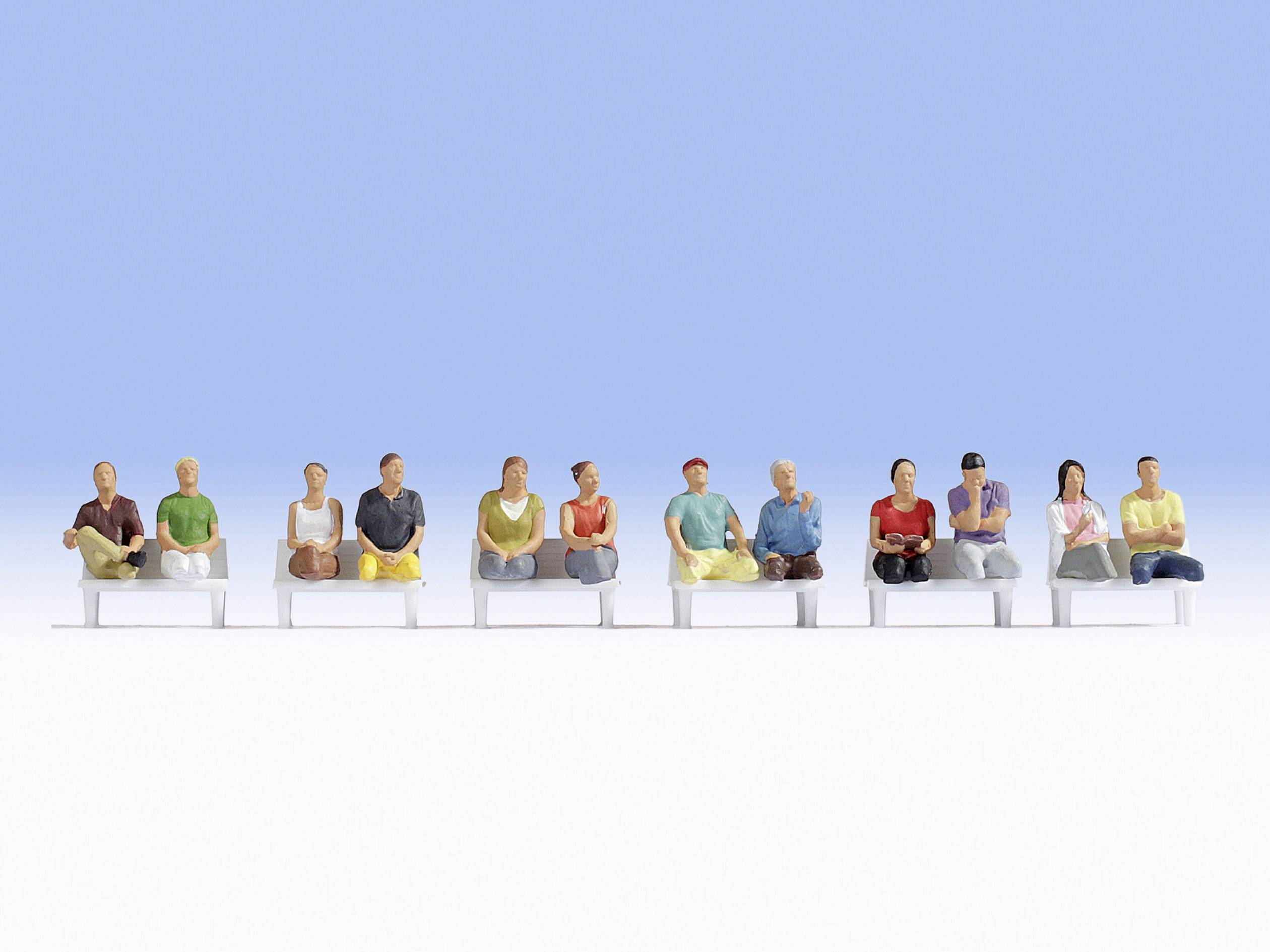 Twelve miniature figures sit on a row of benches, each wearing different clothing and in various poses, against a light blue background.
