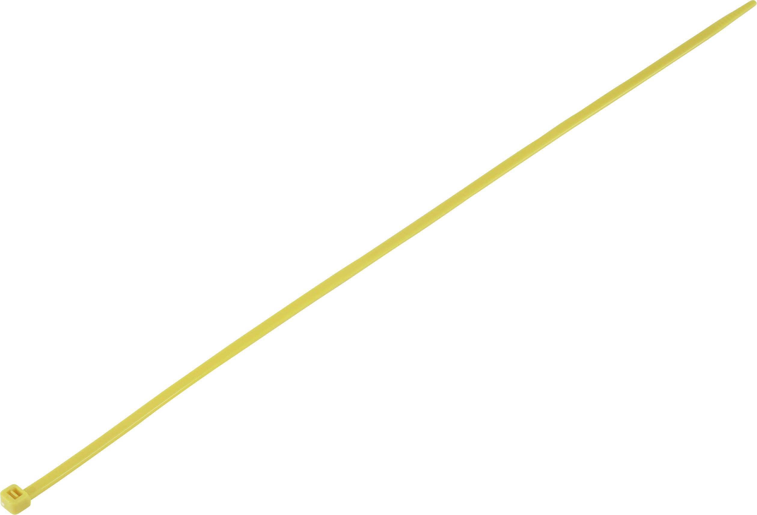 A yellow plastic cable tie used for bundling or securing cables.
