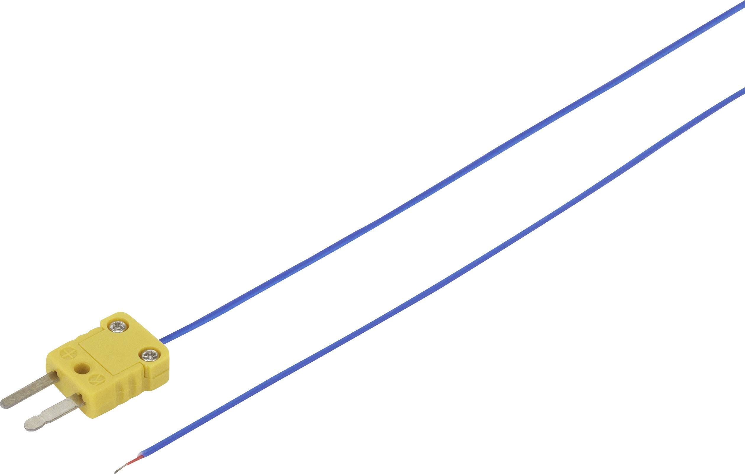 Yellow K-type thermocouple with two blue cables, used for temperature measurement in industrial applications.