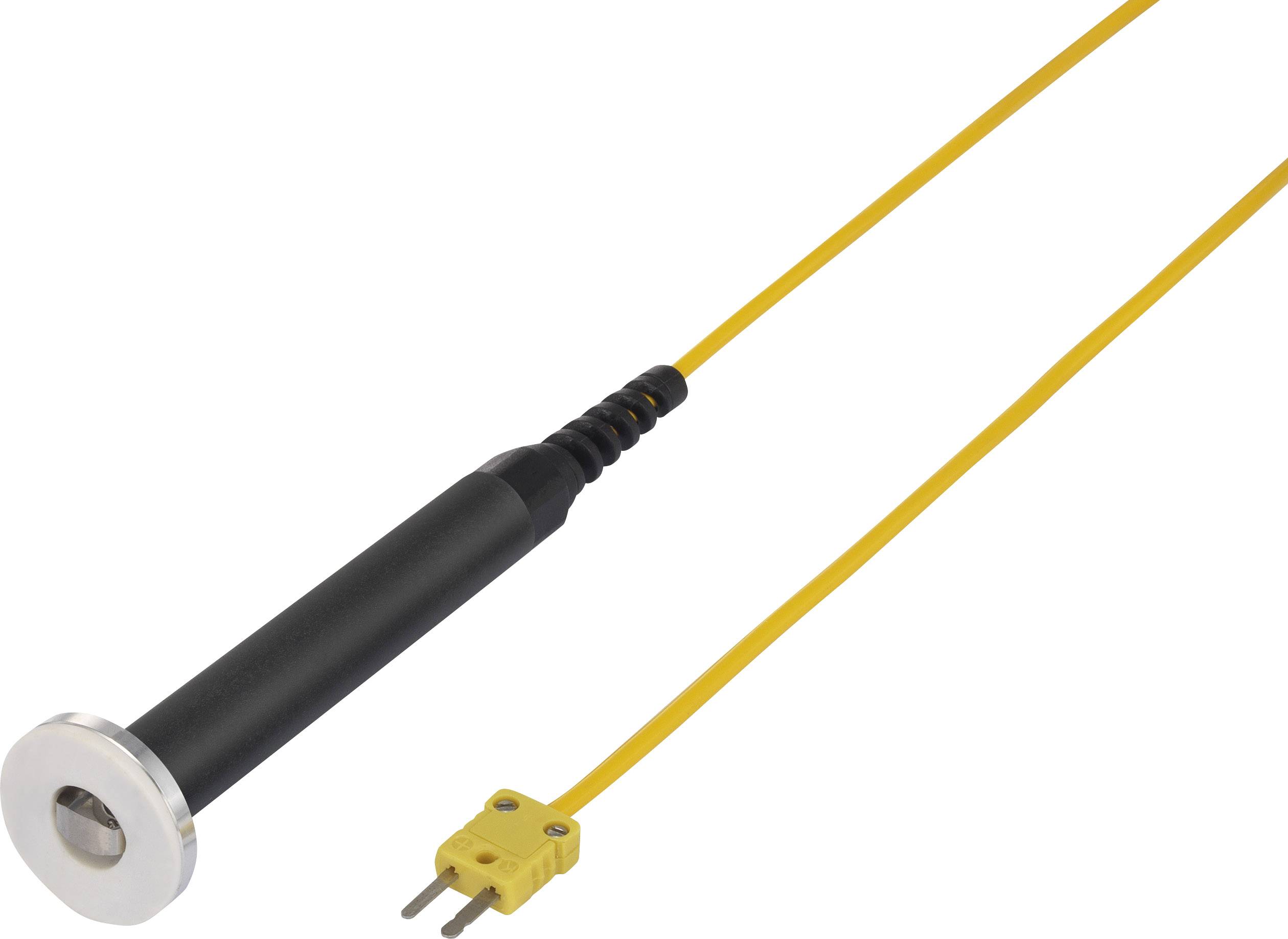 Black temperature sensor with yellow cable and metal head, suitable for industrial applications.