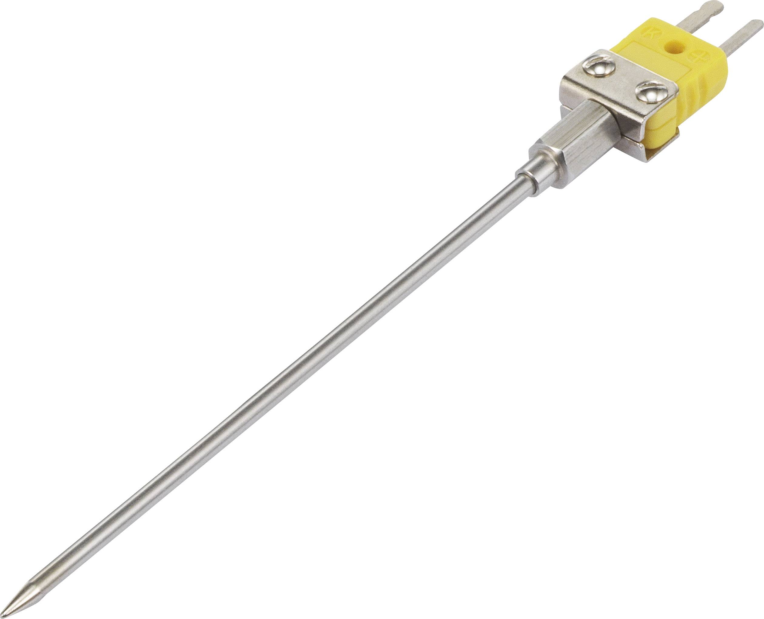 A thermocouple with a metal probe and a yellow plug. It is used for measuring temperatures in scientific applications.