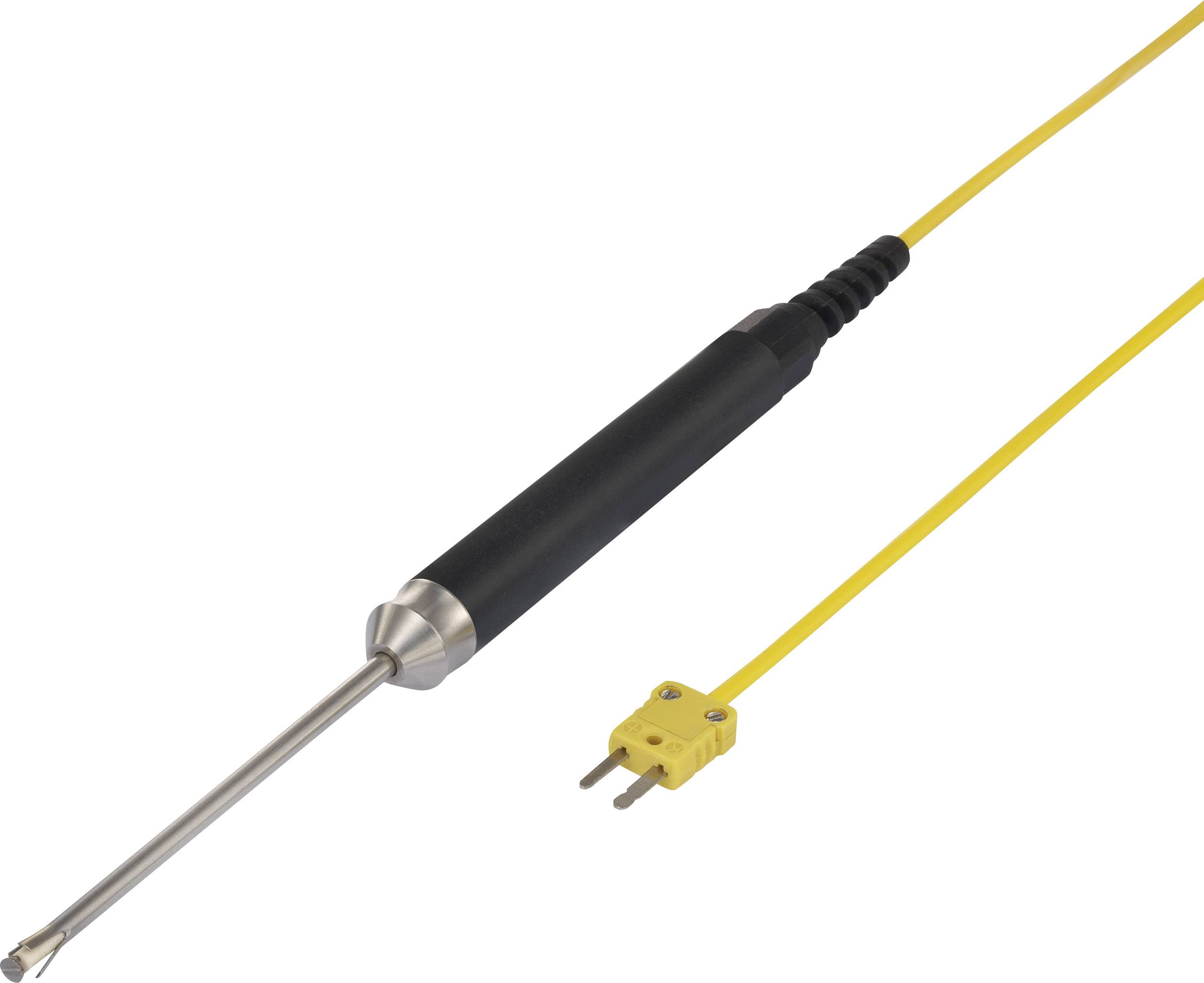 A thermocouple with a yellow cable and metal probe, suitable for temperature measurements in various applications.