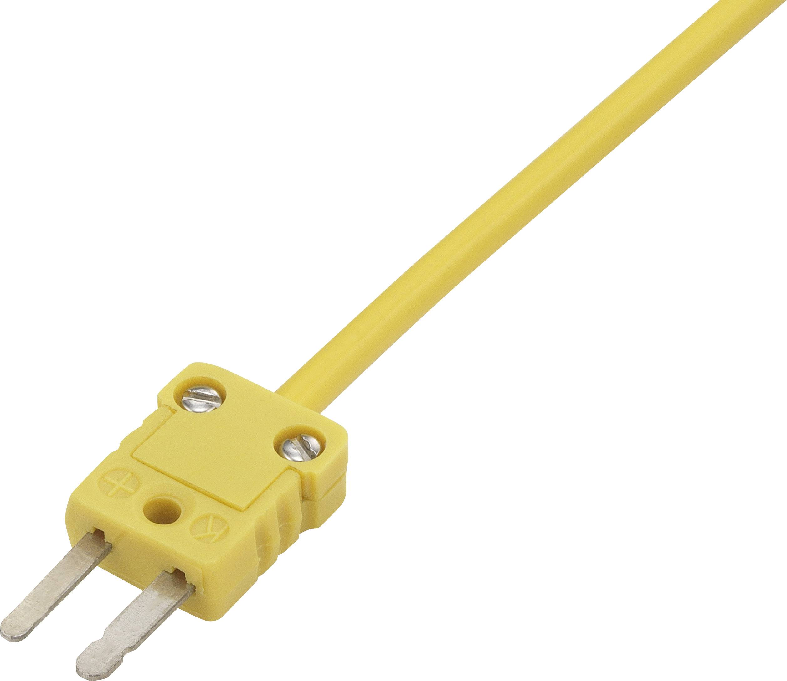 A yellow thermocouple plug with two flat metal pins and integrated cable.