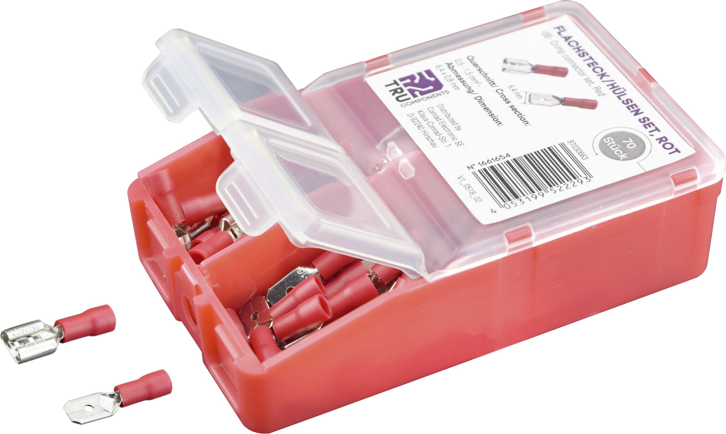 Red plastic packaging with open clips and connections. Label reading 'Flat Spade Terminal Set - Red'.