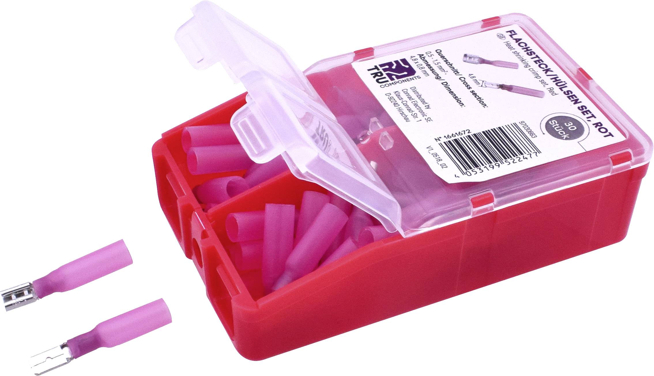 Rote Kunststoffbox mit rosa Kabelschuhen. Geöffneter Deckel zeigt mehrere Kabelschuhe. Verpackungsaufkleber mit Artikelinformationen sichtbar.