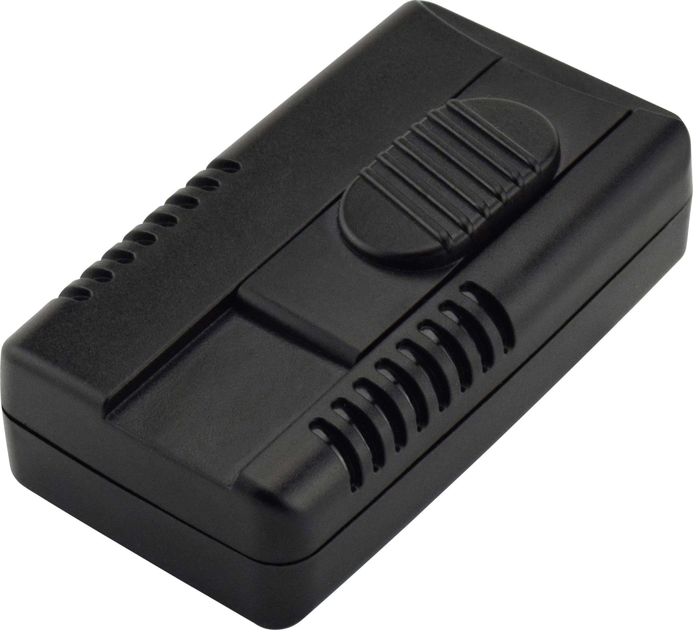 A small, rectangular, black plastic casing with ventilation slots and an oval protrusion on the top surface.