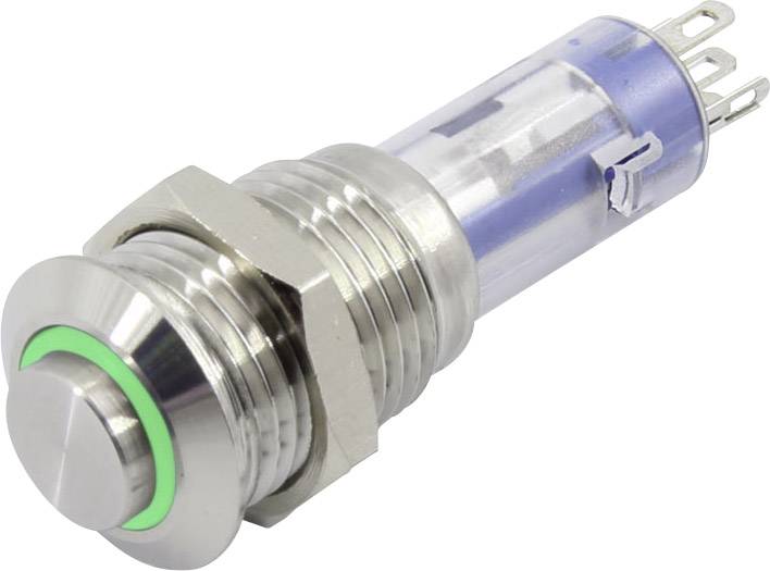 Metal switch with green illuminated ring. Three connection pins and cylindrical shape.