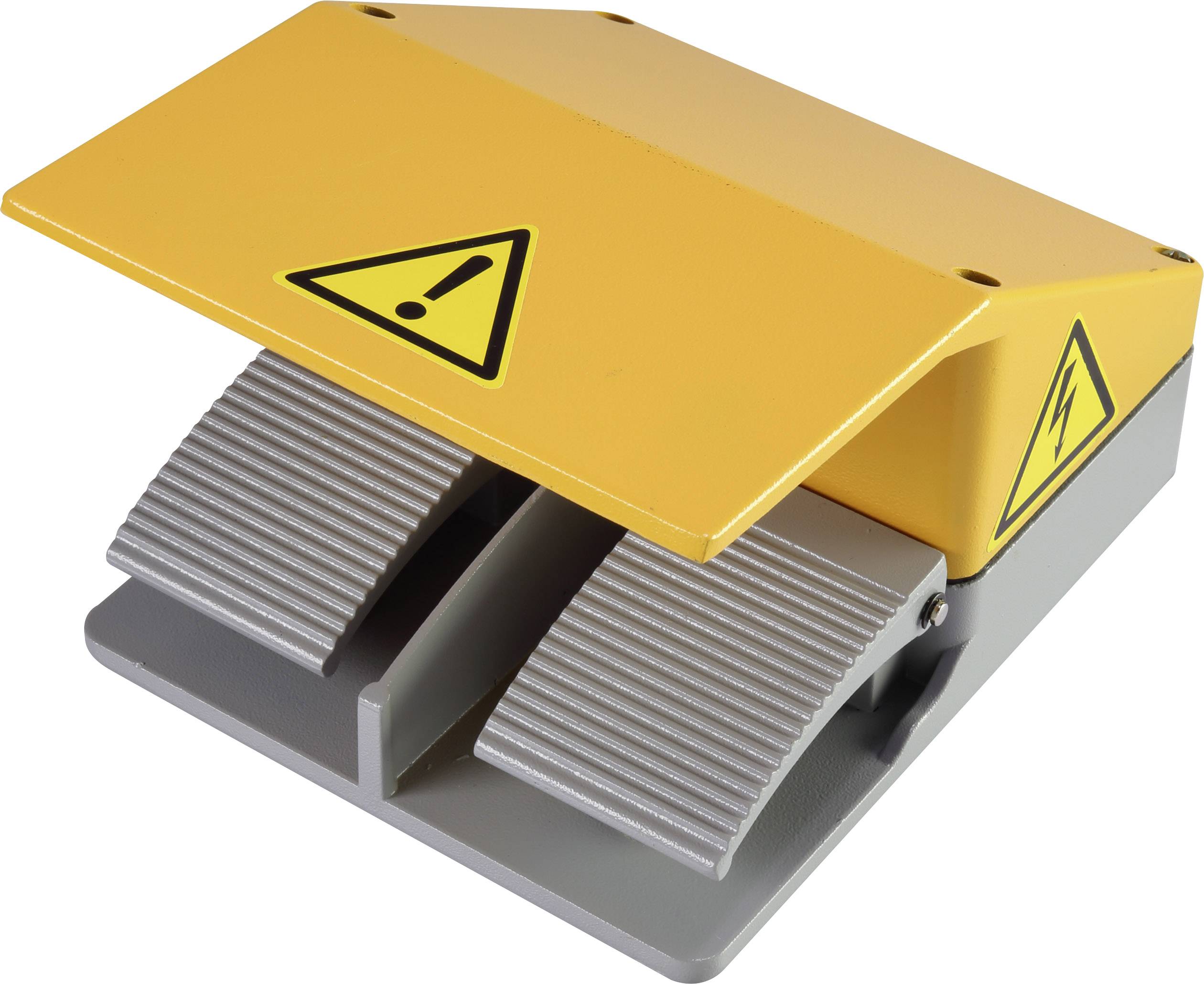 Yellow foot switch housing with two grey pedals. Warning sign with exclamation mark and electricity symbol is visible.
