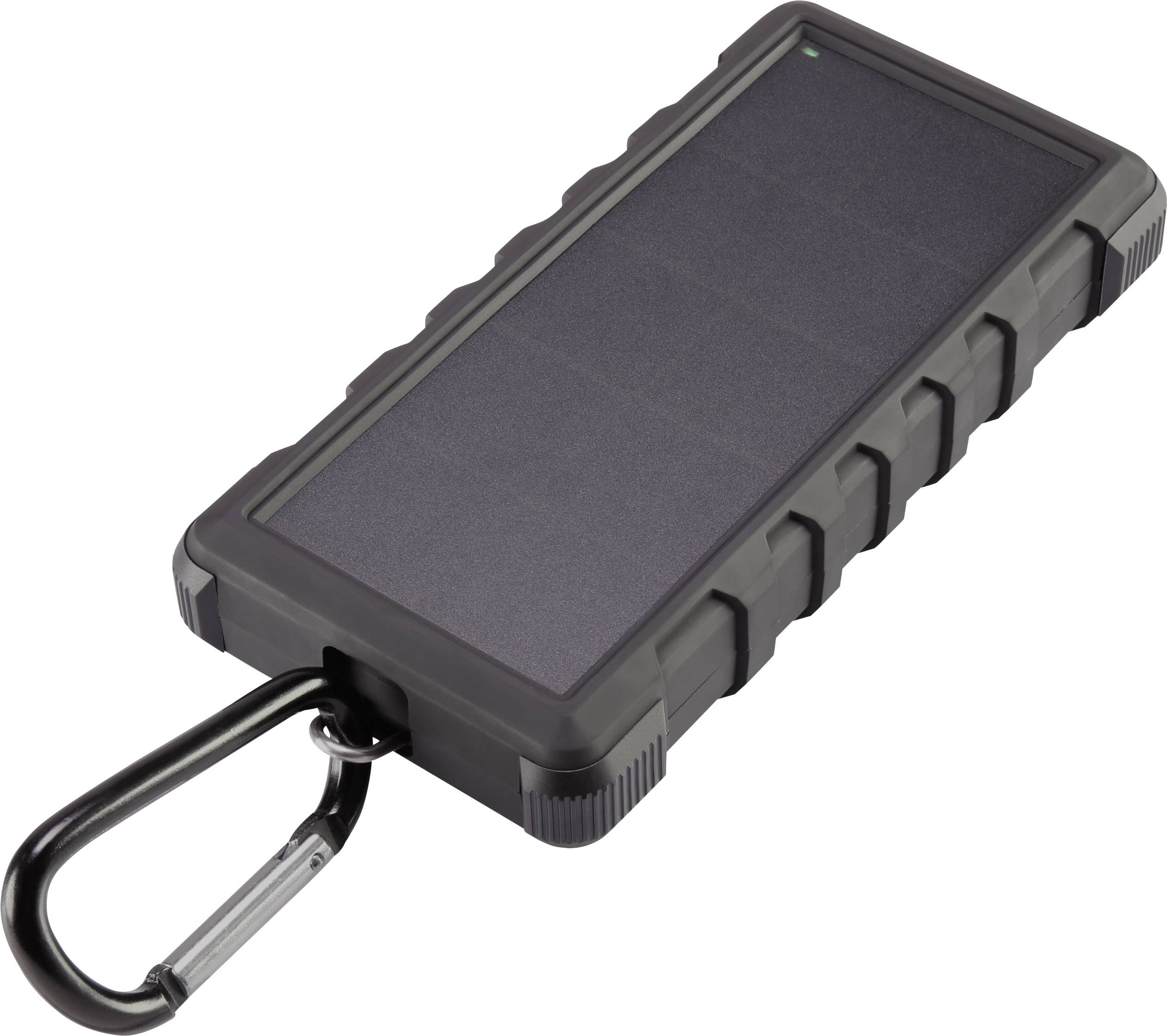 Black, rectangular solar charger with carabiner, suitable for travelling.