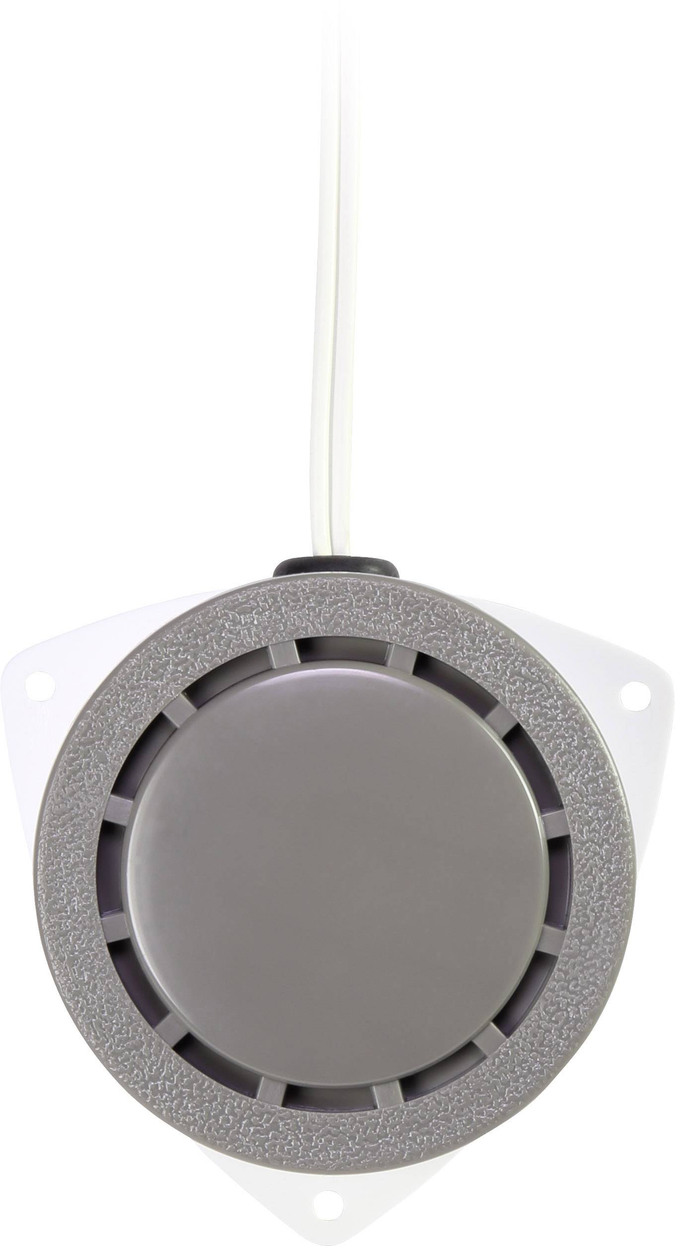 A grey, circular alarm detector with cable, mounted on a white triangular plate.