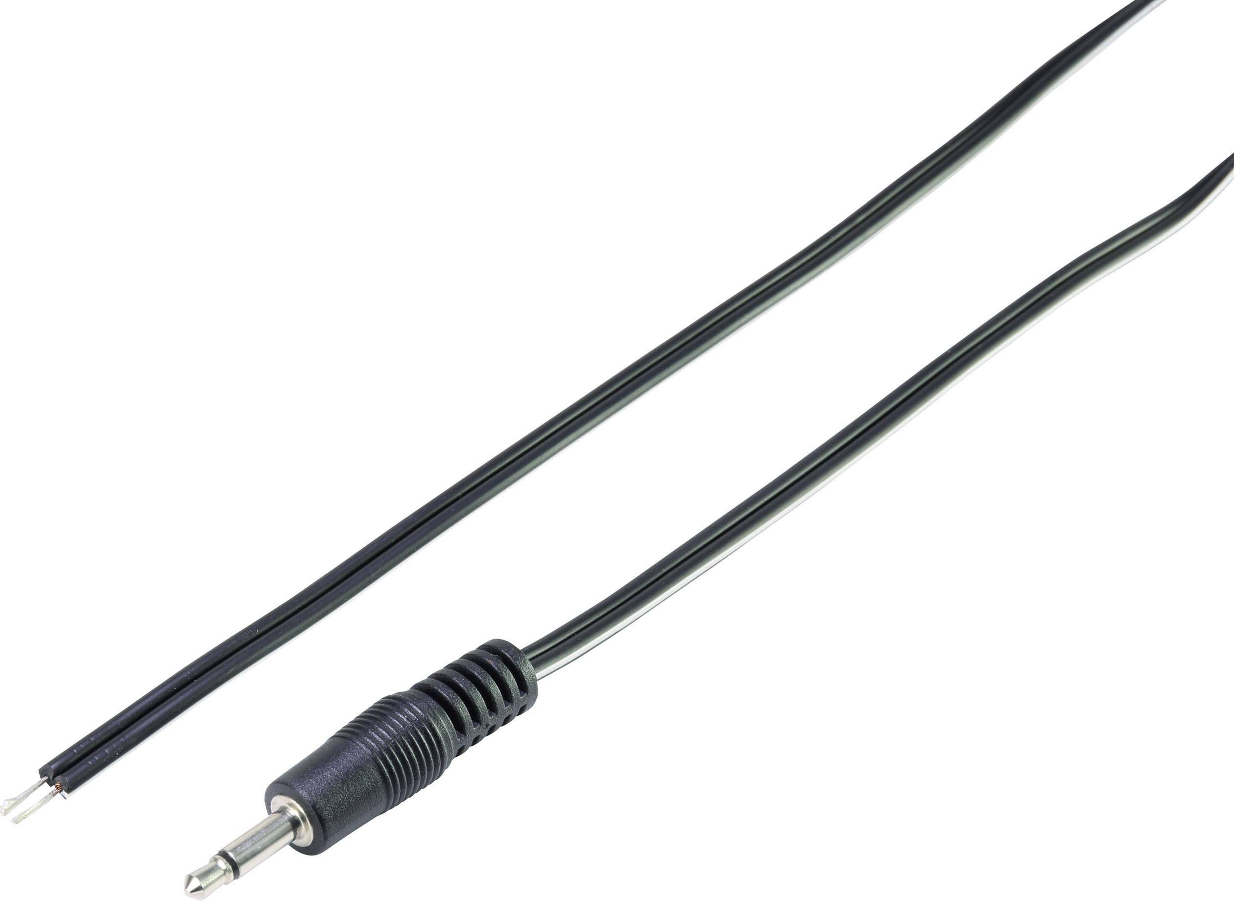 A black audio cable with a 3.5 mm jack plug and open ends without a connector.