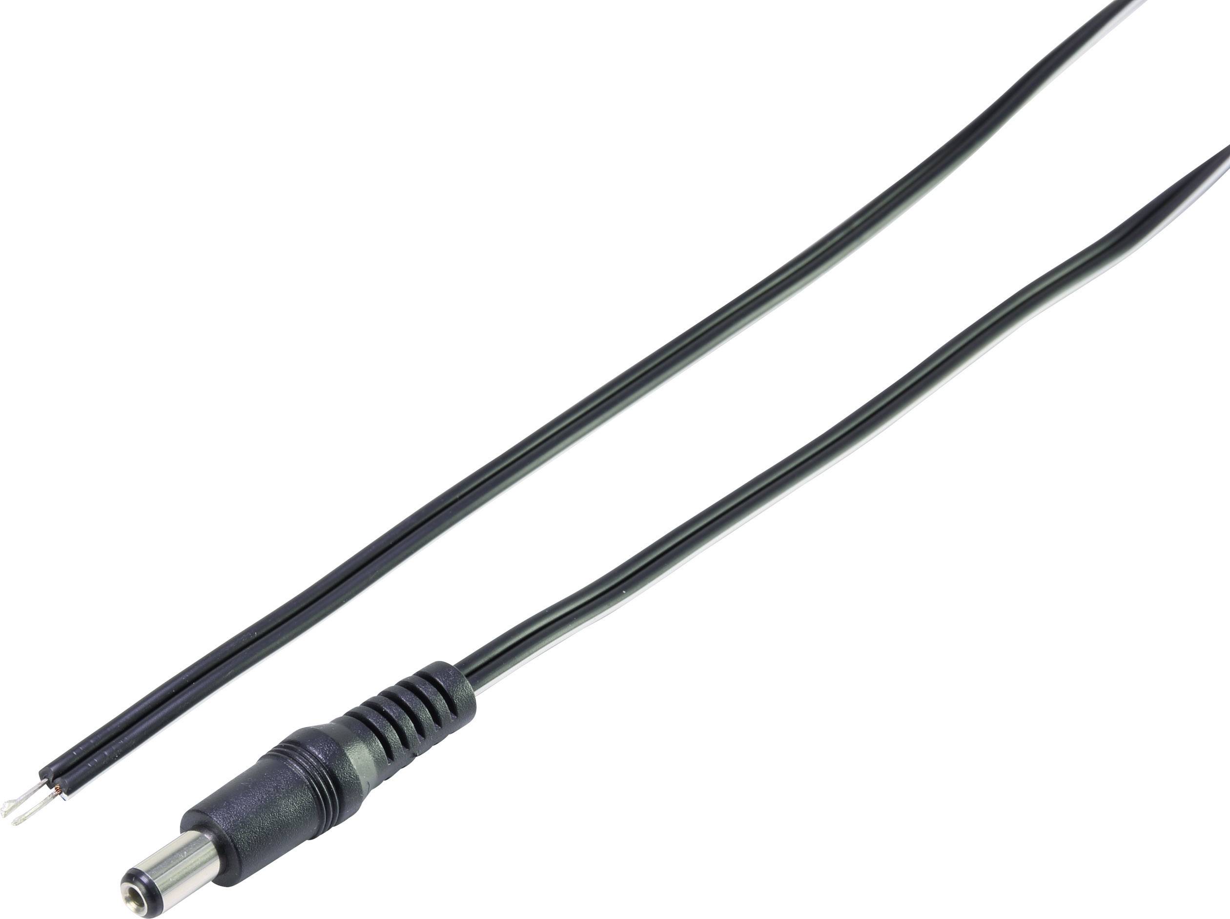 A black DC power cable with an open wire at one end and a barrel connector at the other end lies on a white background.