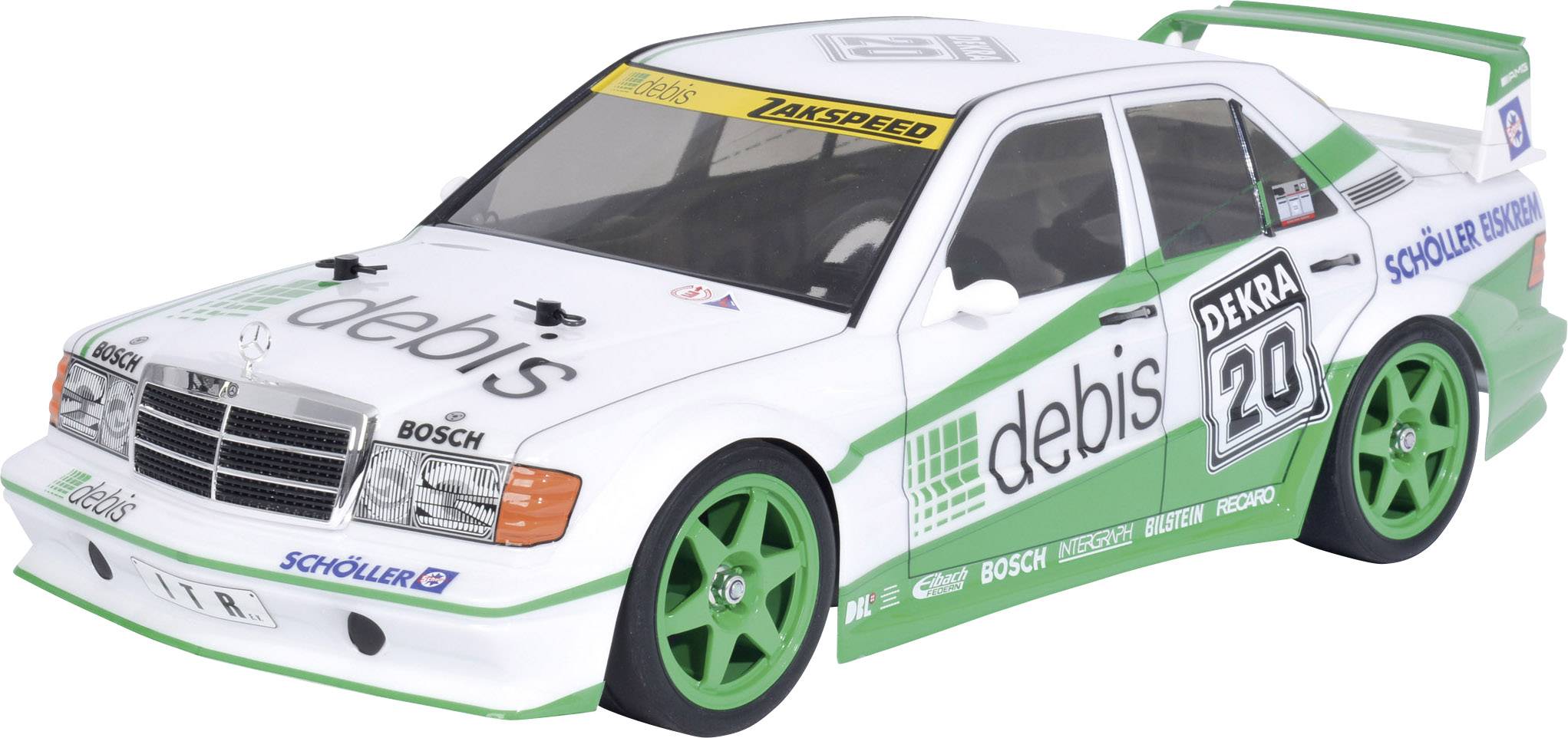 A model car of a white Mercedes-Benz touring car with green accents and sponsor logos, with the number 20 on the side.