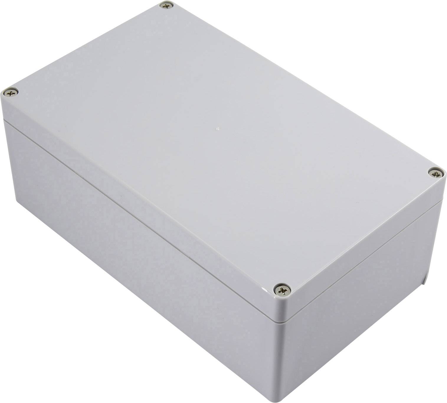 Grey rectangular enclosure with four screws at the corners, likely for electronic devices or wiring.