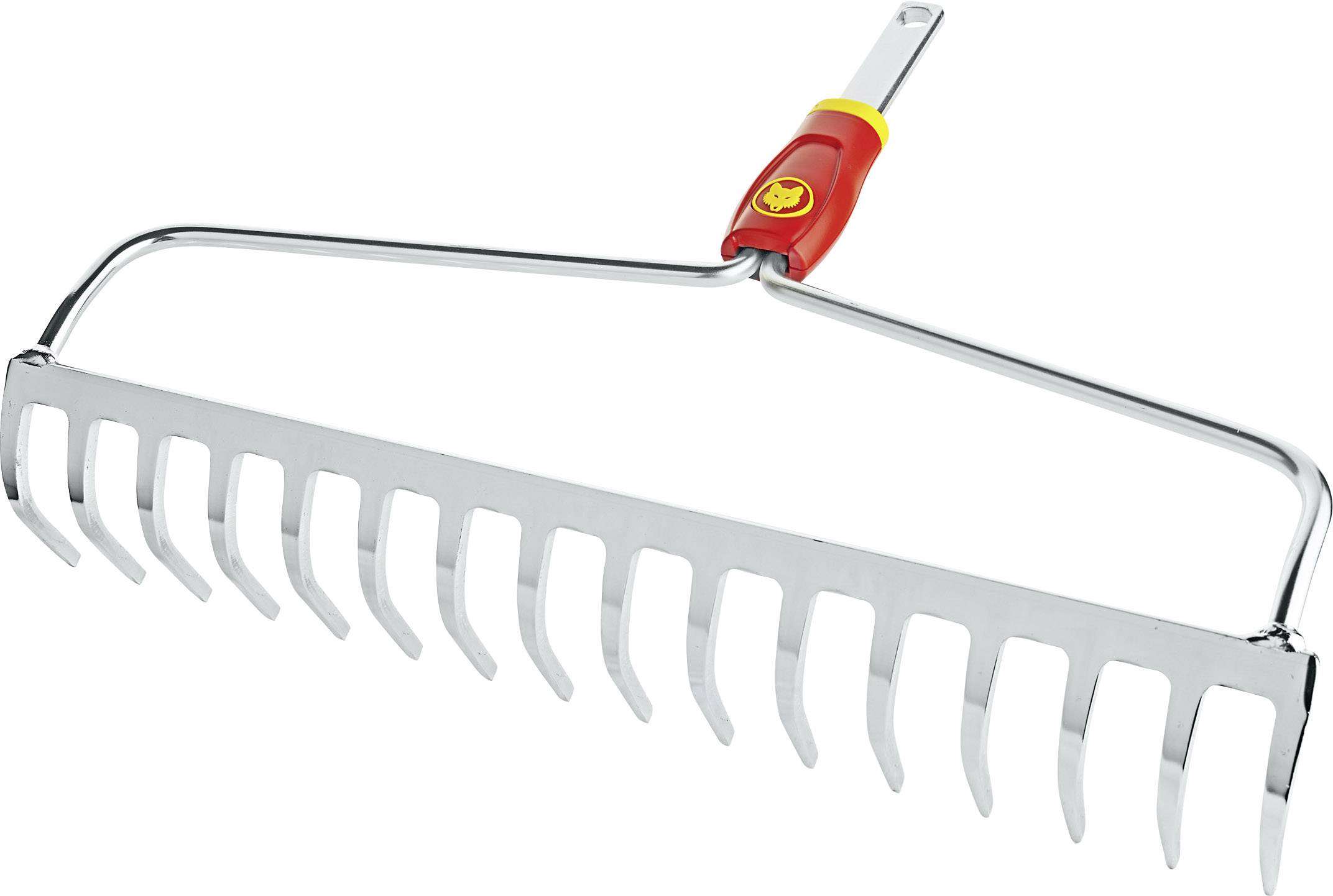 Garden rake with metal tines and a red handle, used for raking leaves or soil in the garden.