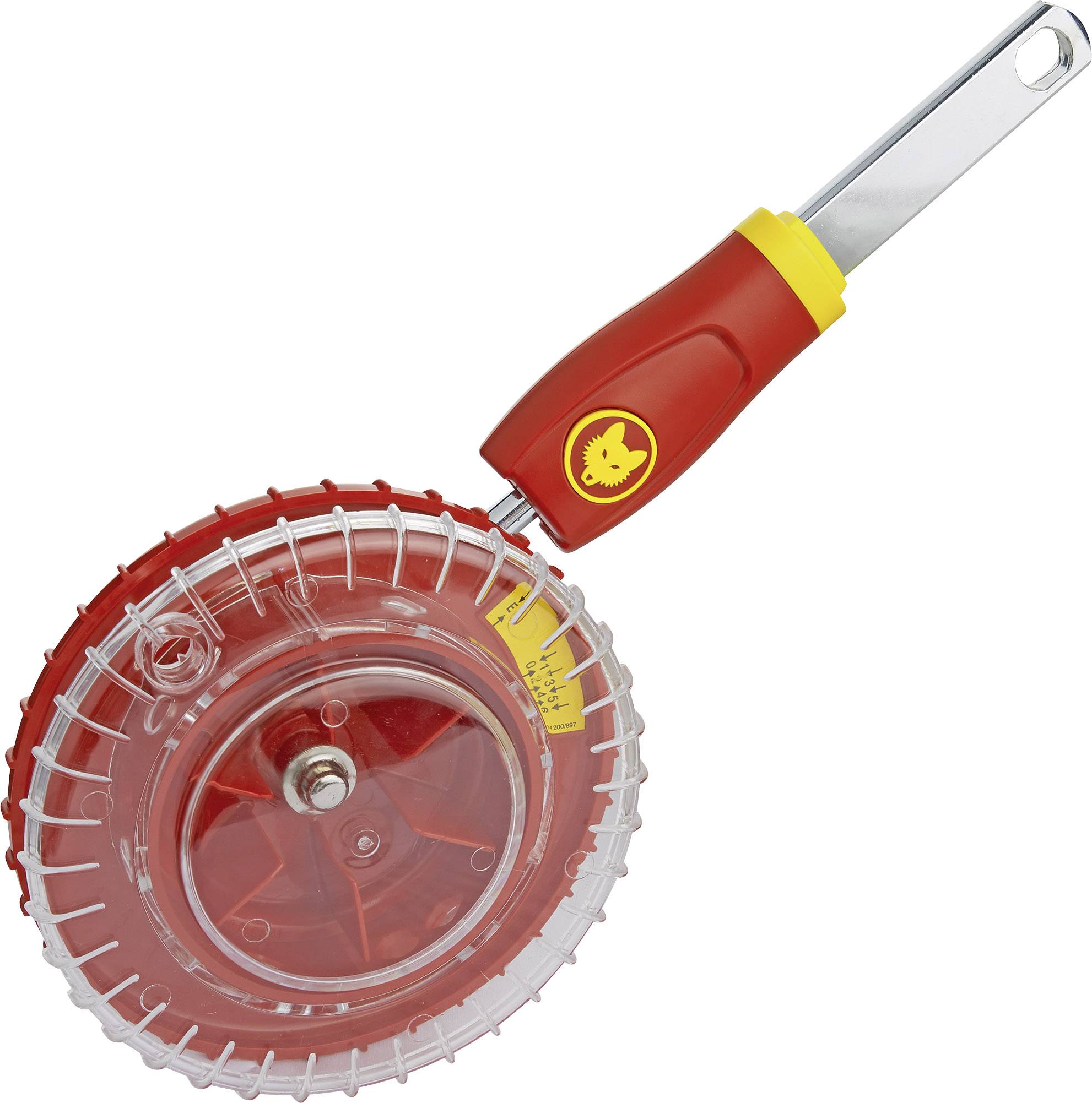 A red garden tool with a plastic wheel and metal handle, used for efficient soil aeration in gardens.