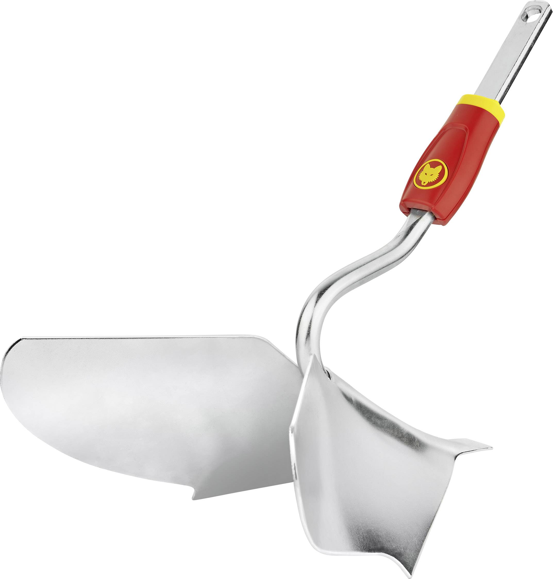 A silver garden trowel with a yellow and red handle against a white background. It has a curved and pointed blade.