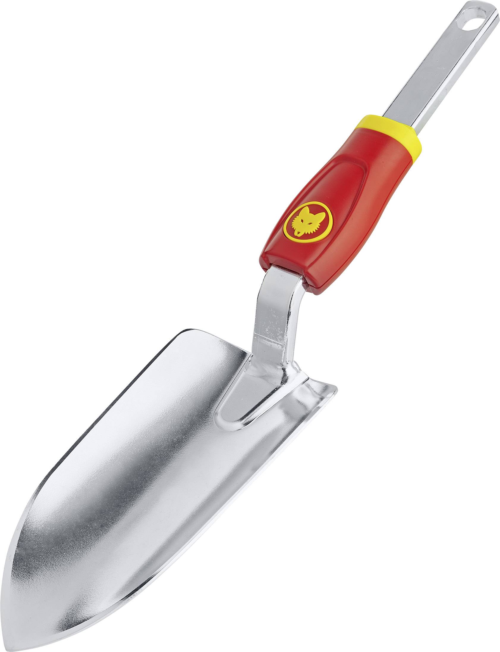 A silver hand trowel with a red, ergonomic handle. Suitable for garden work such as planting or repotting.