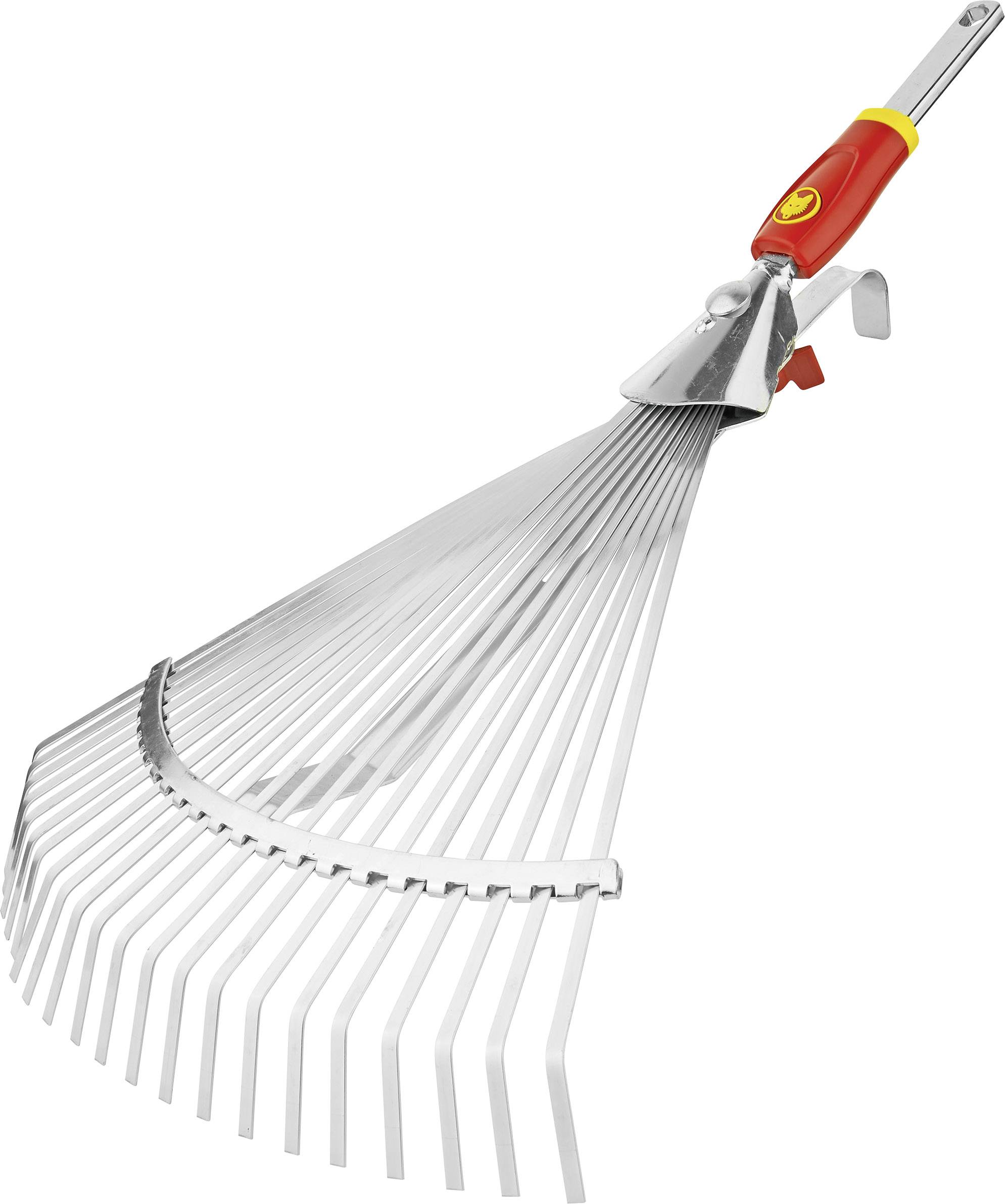 A silver leaf rake with a red handle, curved for efficient collection of leaves and debris.
