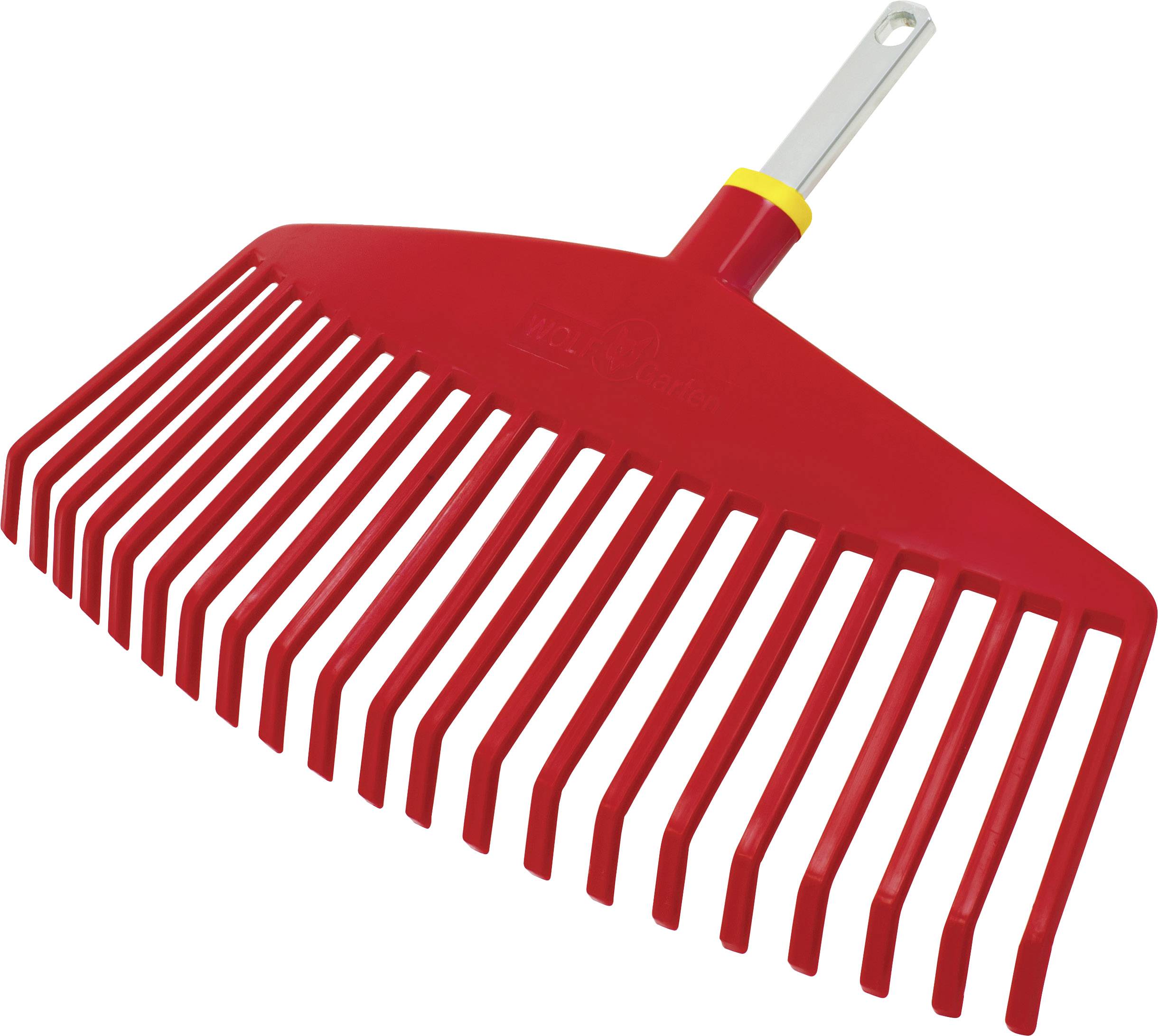 A red garden rake with a yellow detail on the handle, wide and made of plastic. Ideal for raking leaves and garden waste.