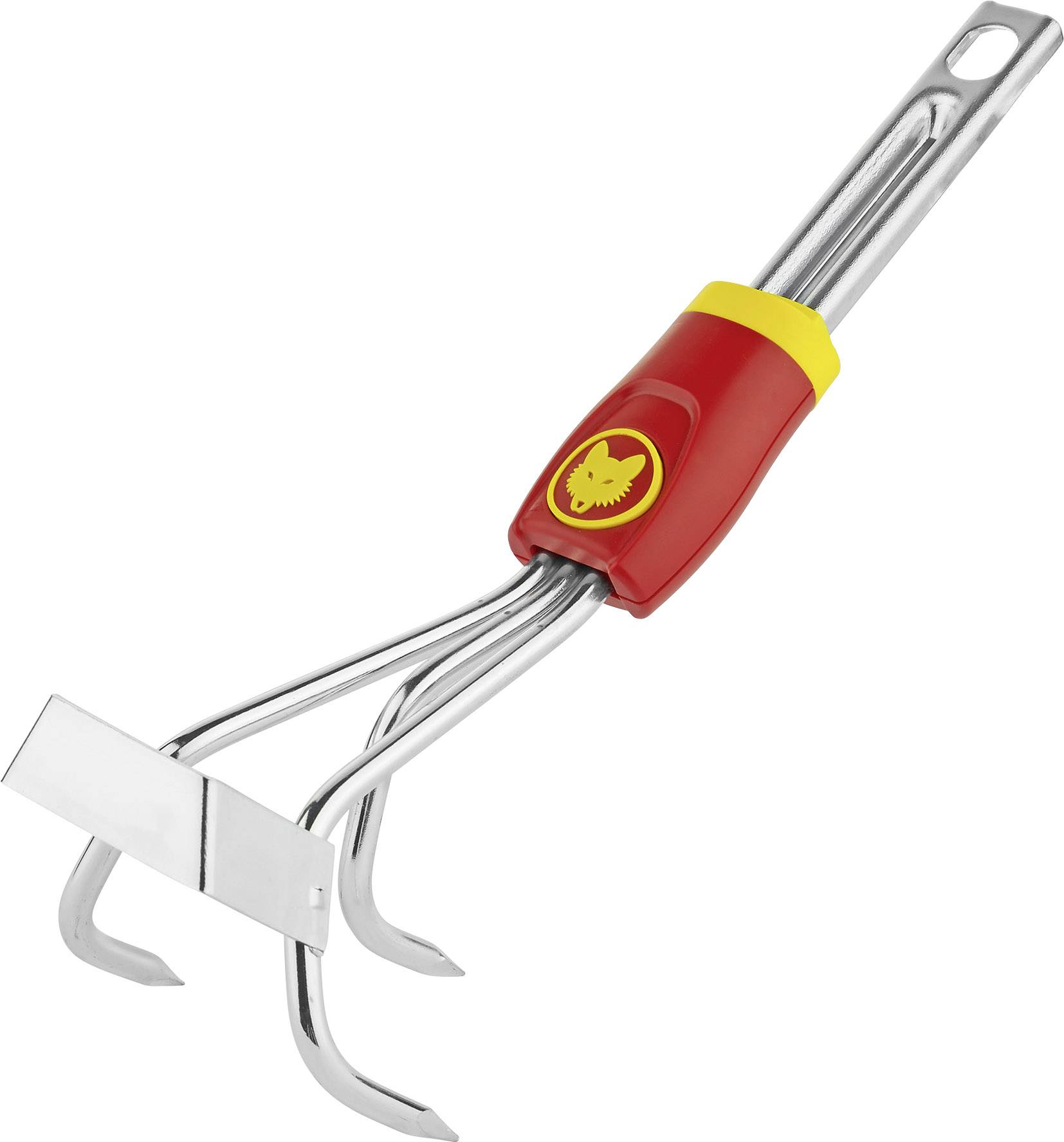 Hand cultivator with red and yellow handle, three curved tines and a flat blade, suitable for garden work such as weeding.
