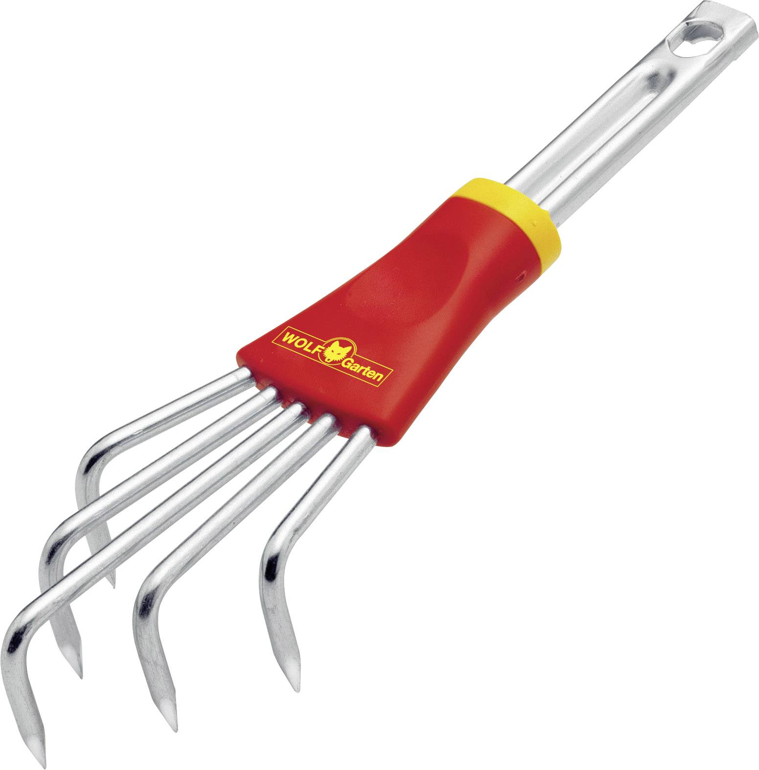 Metal garden cultivator with a red and yellow handle, used for loosening and aerating soil in the garden.
