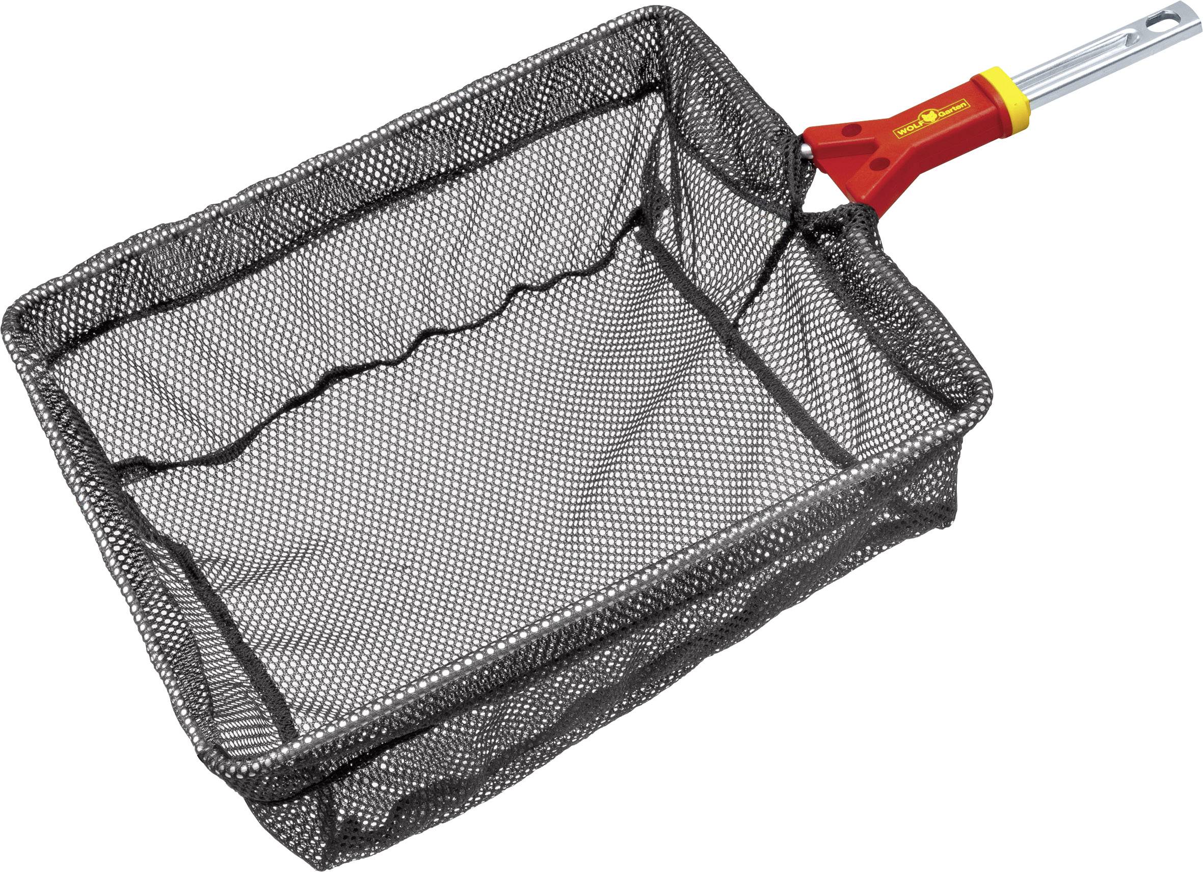 A black rectangular net with a red handle, suitable for collecting leaves or small debris from swimming pools.