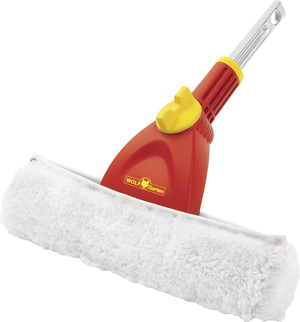 Red and yellow window cleaning device with a long handle and white microfibre wiper, suitable for glass cleaning.