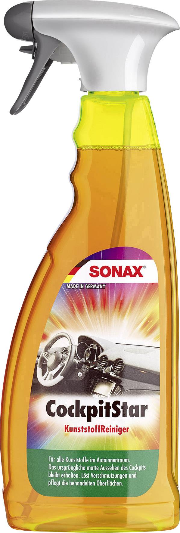 'CockpitStar Plastic Cleaner' by Sonax, bottle with spray nozzle. Suitable for cleaning and caring for plastic surfaces in vehicles. Made in Germany.